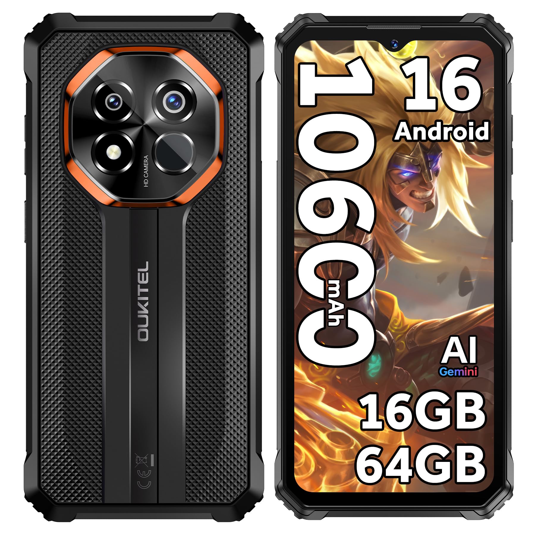 OUKITEL G7 Rugged Smartphone 2026-10600mAh Telefono Indistruttibile | 16GB+64GB/1TB Celluare Antiurto, 6.52" Rugged Phone, 16MP+8MP Cellulare Impermeabile, Android 16, Dual SIM/OTG/Face ID, Nero
