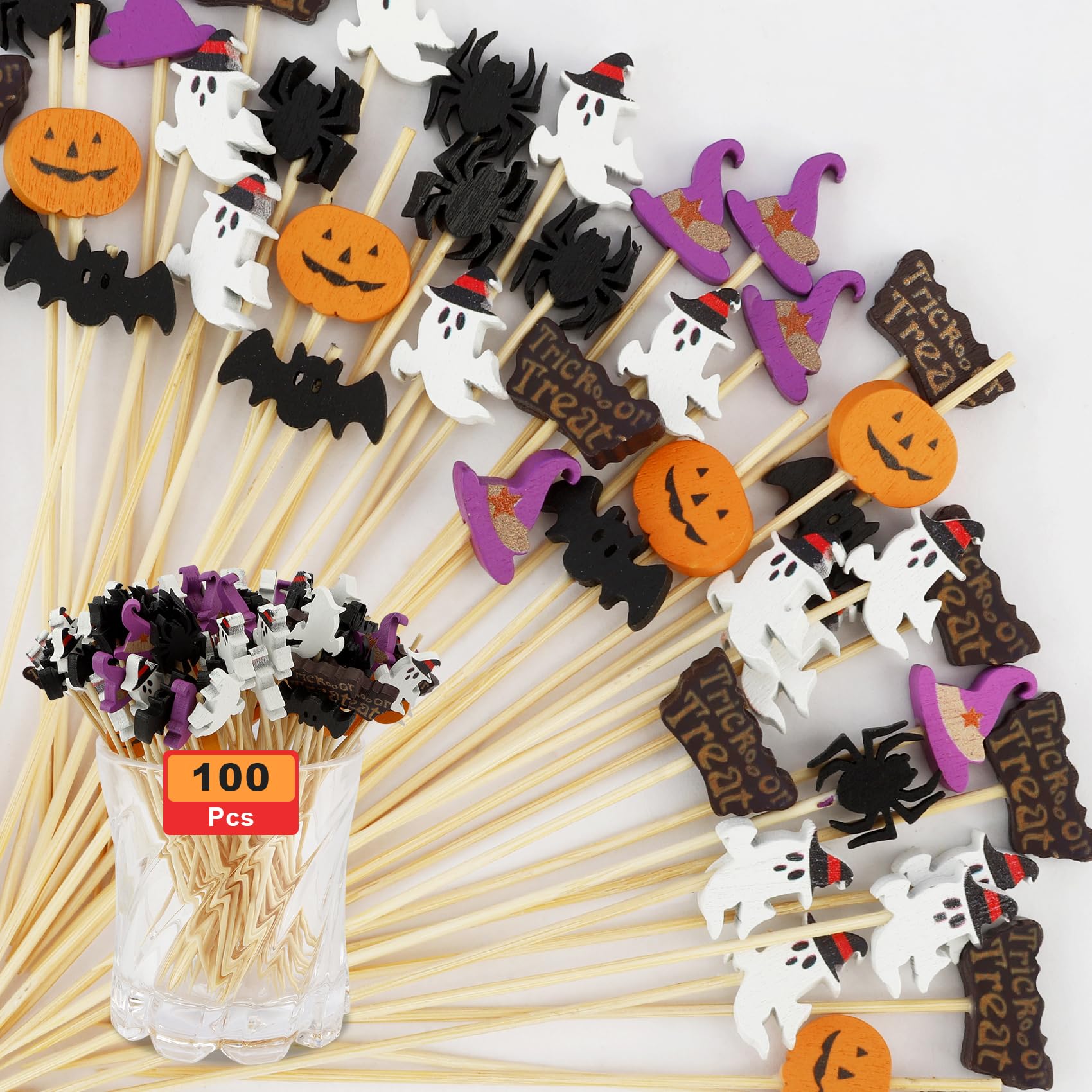 Cocktail Picks 100PCS 4.7 Inch Toothpicks for Appetizers Halloween Cocktail Picks for Dinks Appetizers Fruit Kabobs Charcuterie Boards Accessories Halloween Party Supplies (trick or treat)