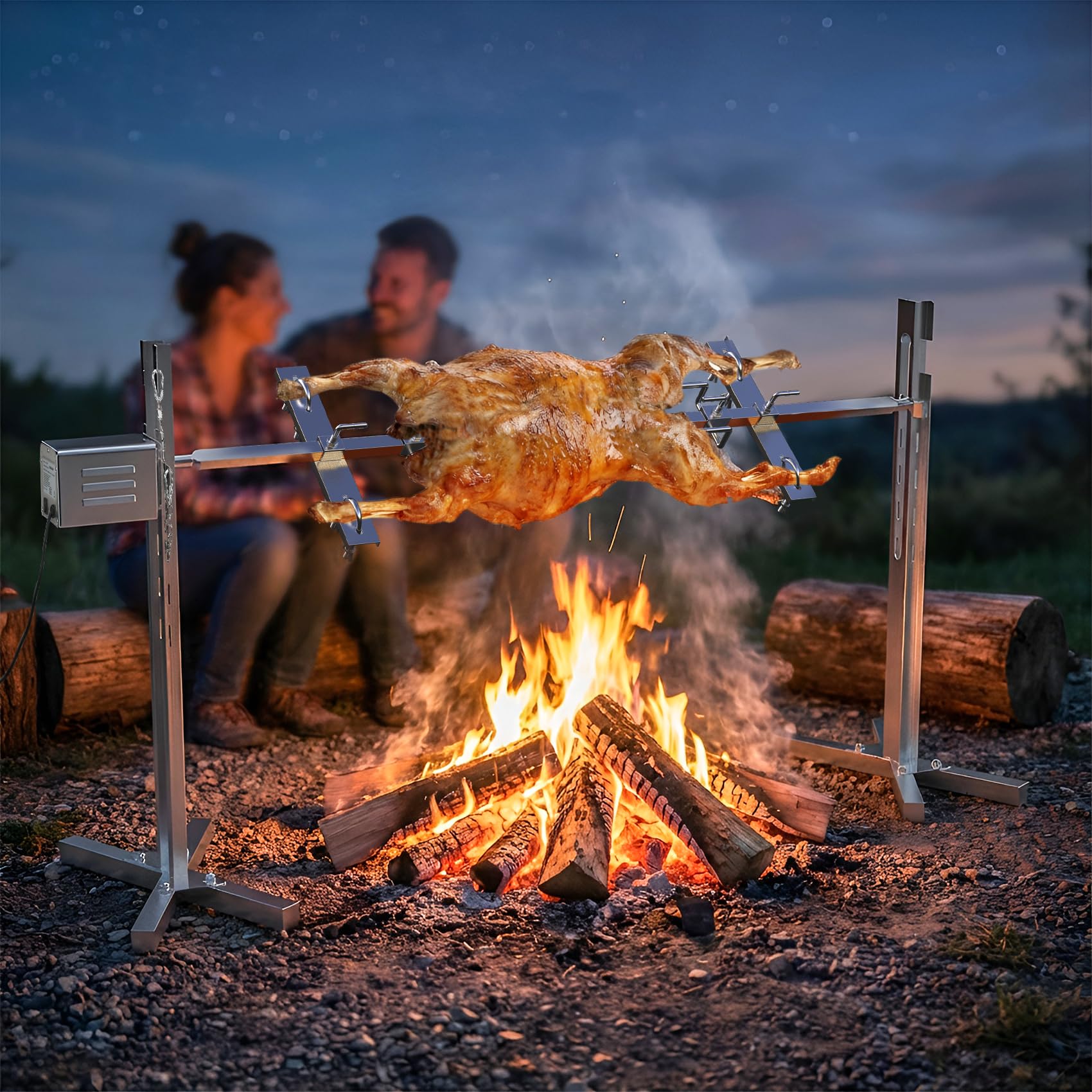 onlyfire Kit de Brocheta Eléctrica con Motor, Brocheta Giratoria Automática con 5 Niveles de Altura para Cordero, Pollo y Carne a la Parrilla, Brocheta Parrilla de Acero Inoxidable, Carga Máxima 60KG