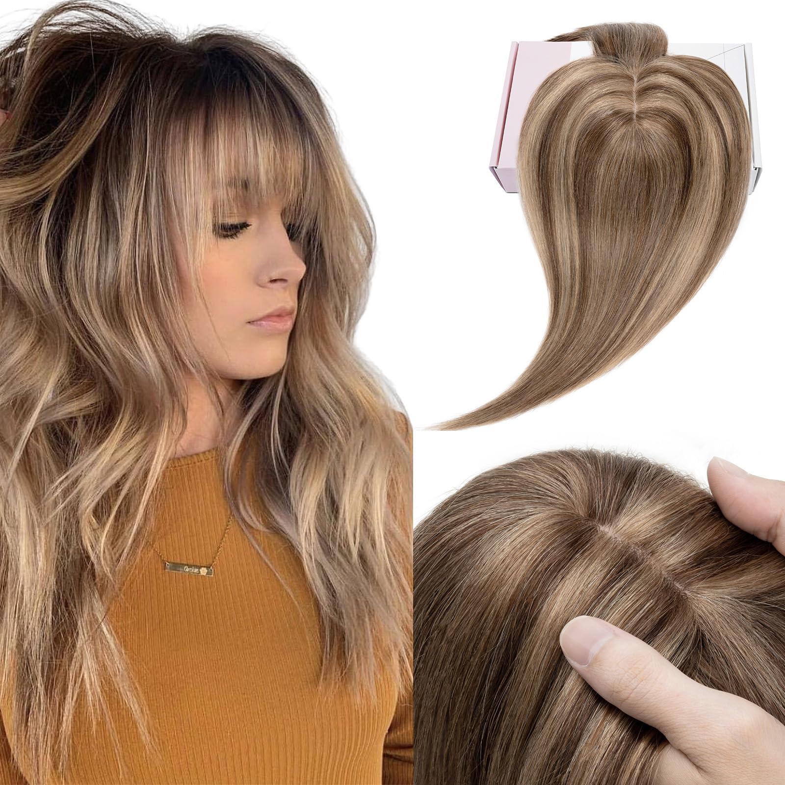 Elailite Hair Toppers for Women Real Human Hair Topper with Bangs Thinning Thin 5.1"x2.8" Silk Base Clip in Remy Hairpieces 12 Inch Chocolate Brown