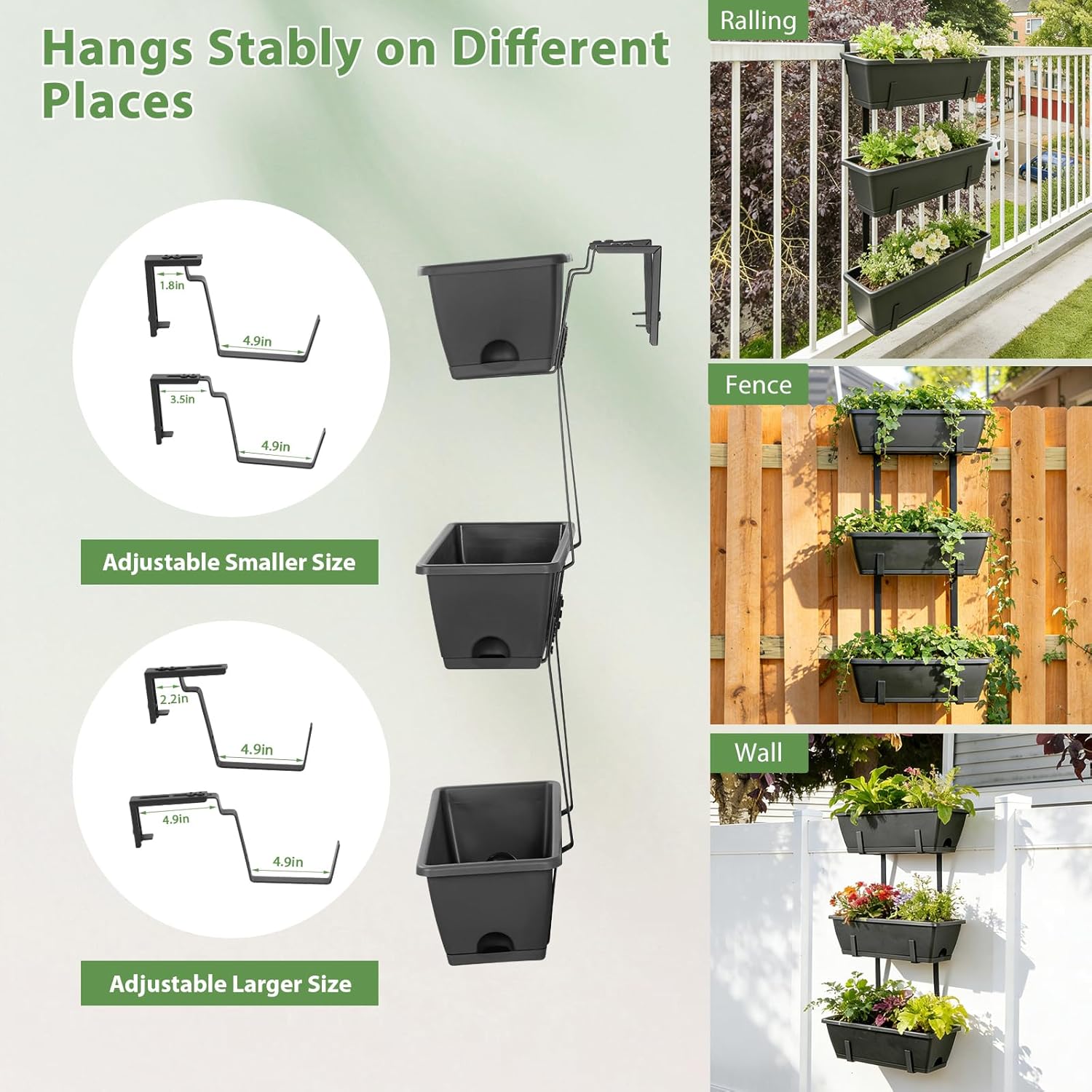 OYEAL Railing Planter Box 3-Tier Vertical Hanging Planters Outdoor with Adjustable Brackets & Drainage Tray Window Boxes Planters for Indoor Outdoor Garden, Patio, Home, Balcony Decor Gray