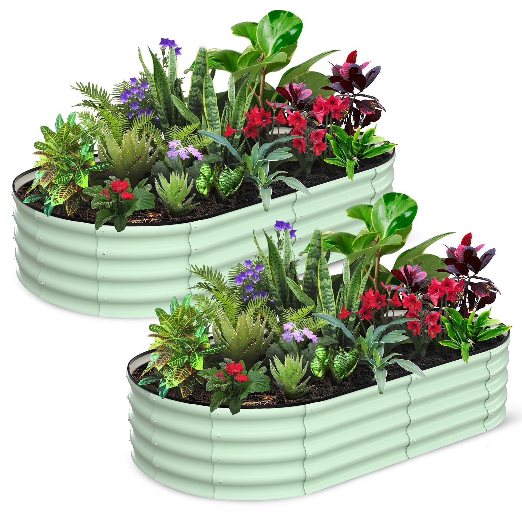 Huerto Elevado Ovalado y Circular para Jardinería Exterior, Terraza, Balcón, Espesor 0,7 mm, para Tomates, Verduras, Flores y Hierbas Aromáticas, 6×3×1 FT, Verde Oliva