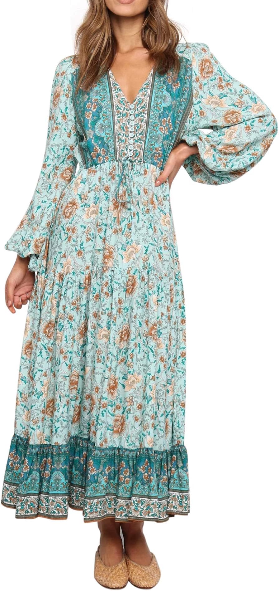 Women V Neck Long Sleeve A Line Floral Maxi Dress