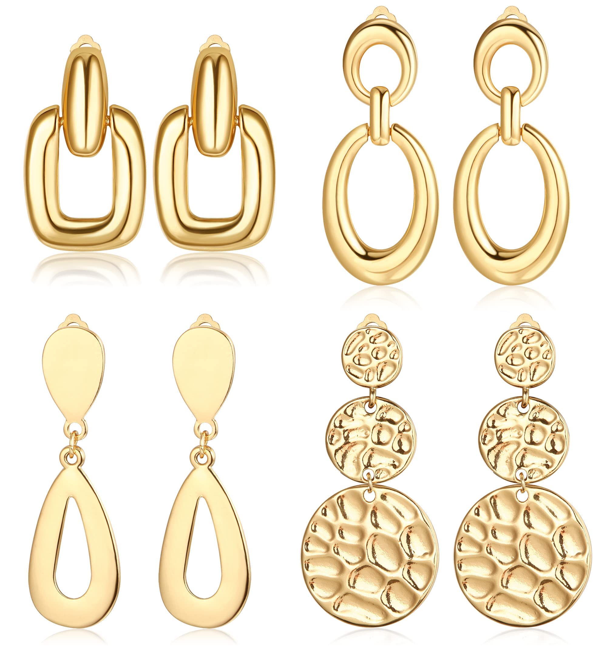 JeryWe 4 Pairs Gold Clip On Earrings for Women Dangle Statement Earrings Rectangle Tassel Teardrop Square Golden Metal Geometric Round Drop Pendant Non Pierced Dangle Earrings Set