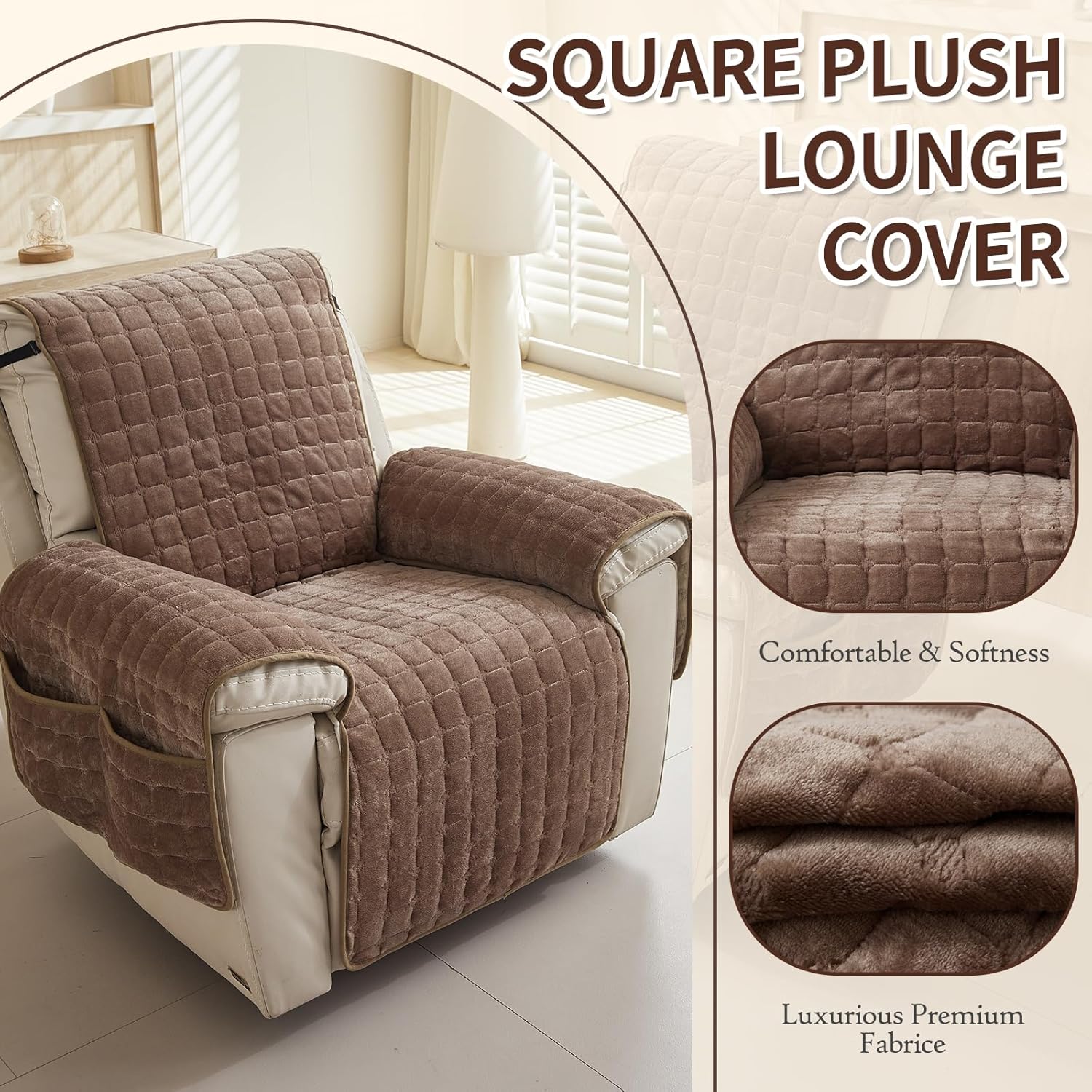 Plush Recliner Slipcover 30 Inches Washable Chair Covers Artificial Wool Lazy Boy Cover Quilted Cover for Recliner Chairs and Furniture,Large Taupe Chair Protector with Side Pocket for Kids/Pets