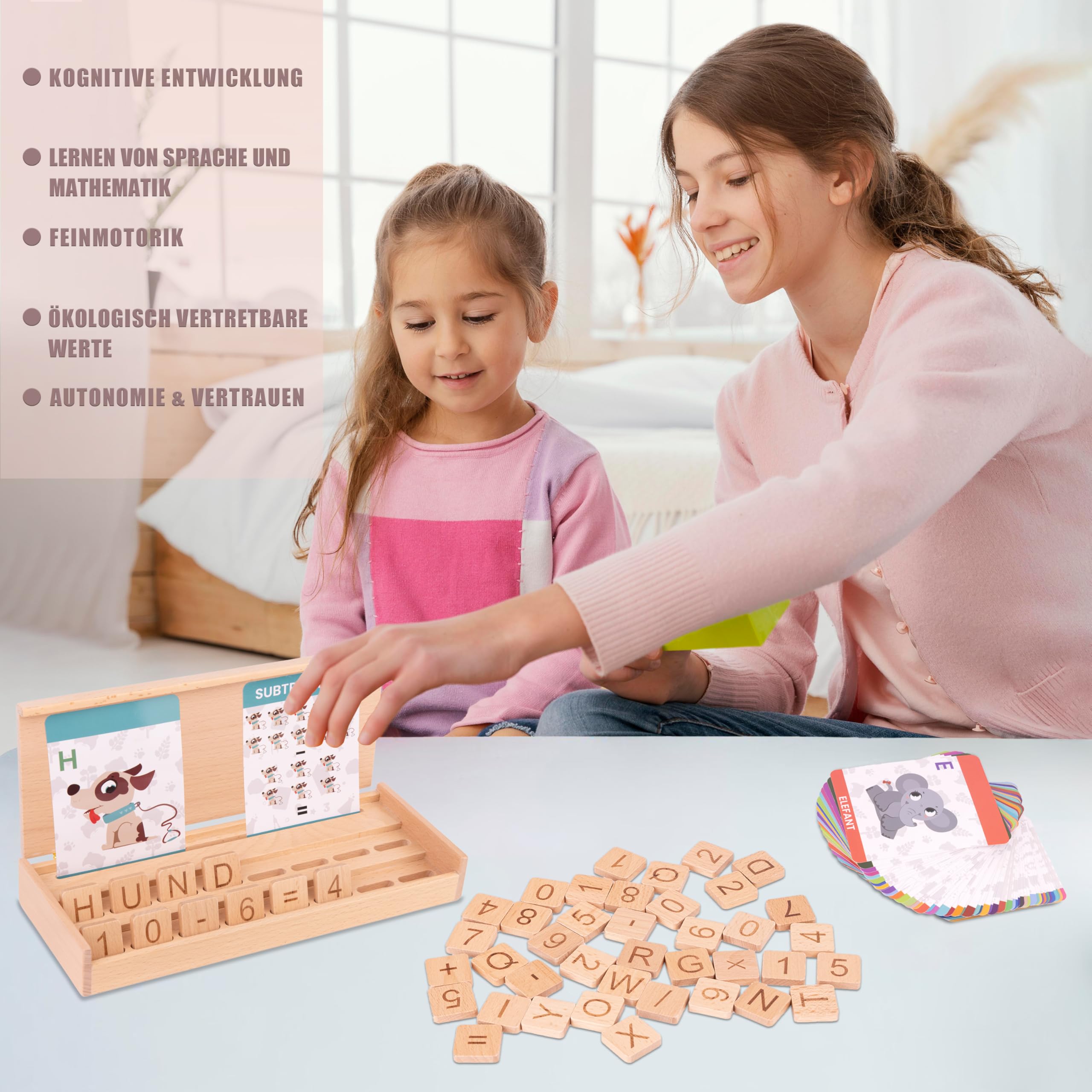 Montessori Holzspielzeug ab 3 Jahren – 3-in-1 Lernbox aus Holz: Buchstaben, Lesen Lernen, Zahlen & Rechnen – Lernspielzeug Kinder Geschenk zur Einschulung & Vorschule