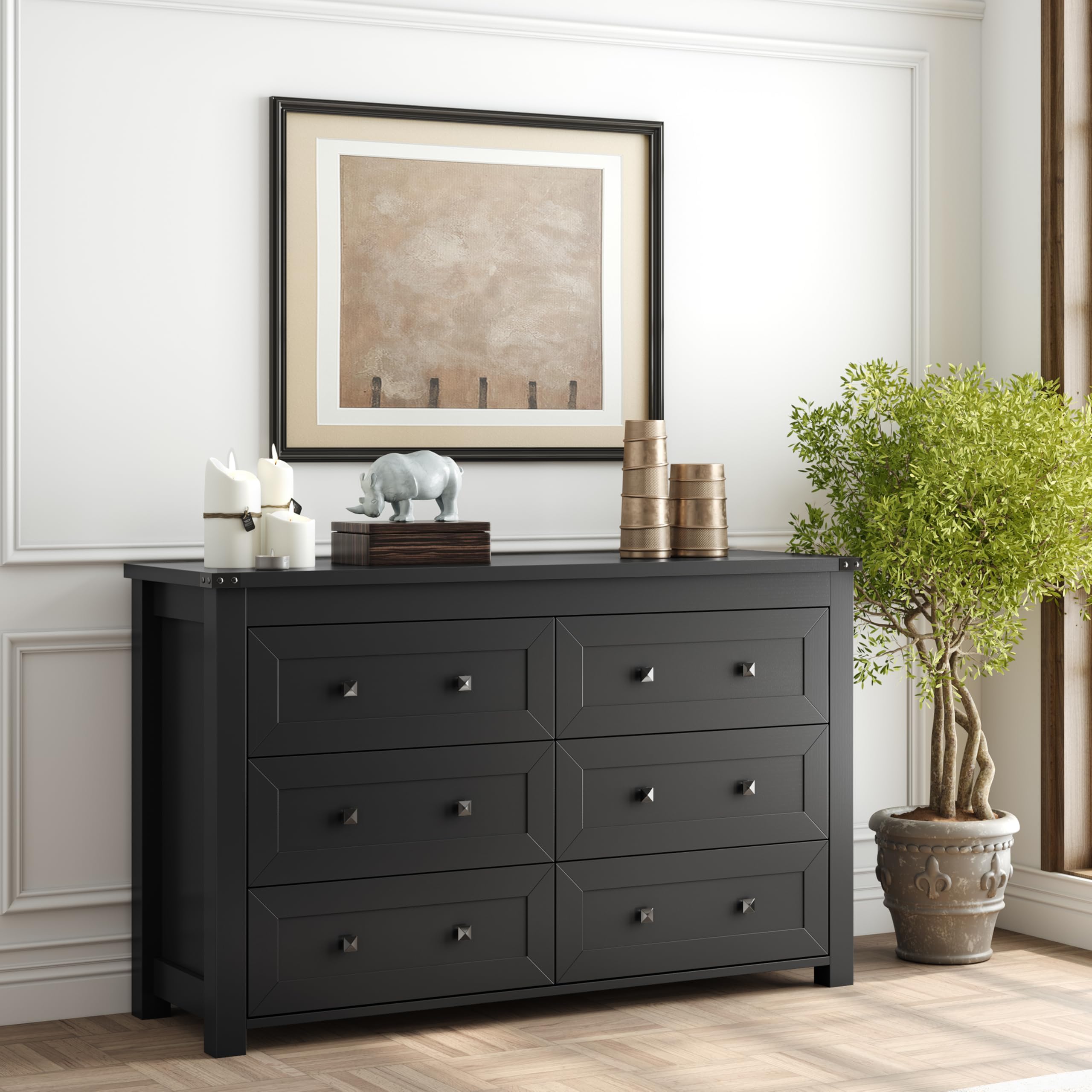 Boonatu Black Dresser for Bedroom with 6 Drawers, Wood Dressers Chest of Drawers with Metal Handles, Modern Bedroom Dresser with Drawers for Closet