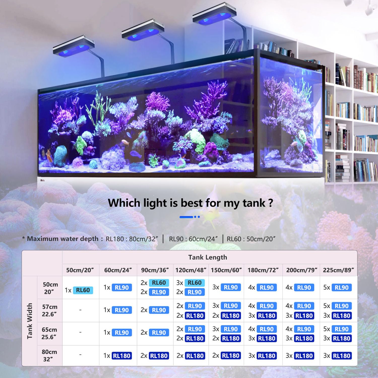 PopBloom RL180 Luce LED per acquari con supporto, illuminazione per acquari a spettro completo con controllo tramite app, ciclo di illuminazione per acquario da 180W, per acquario marini da 60 cm