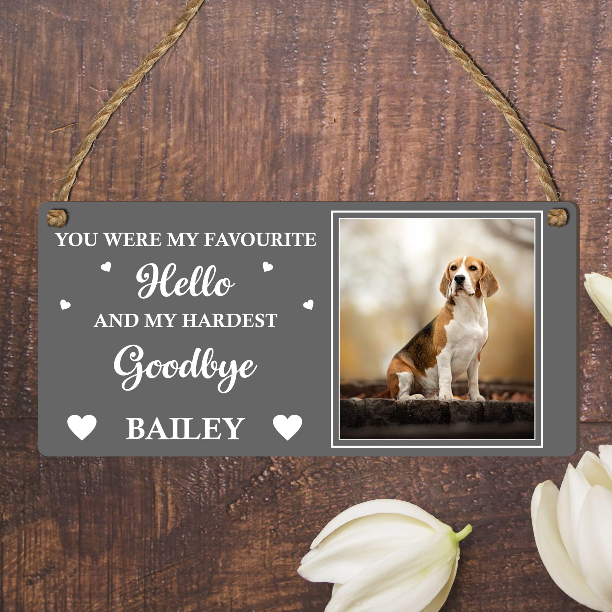 Personalised Memorial Plaque – Custom Pet Loss Sign with Photo and Message, Wall Hanging for Remembrance, (MDF Wood Indoor Use Only, 19cm x 9cm, Dark Grey)