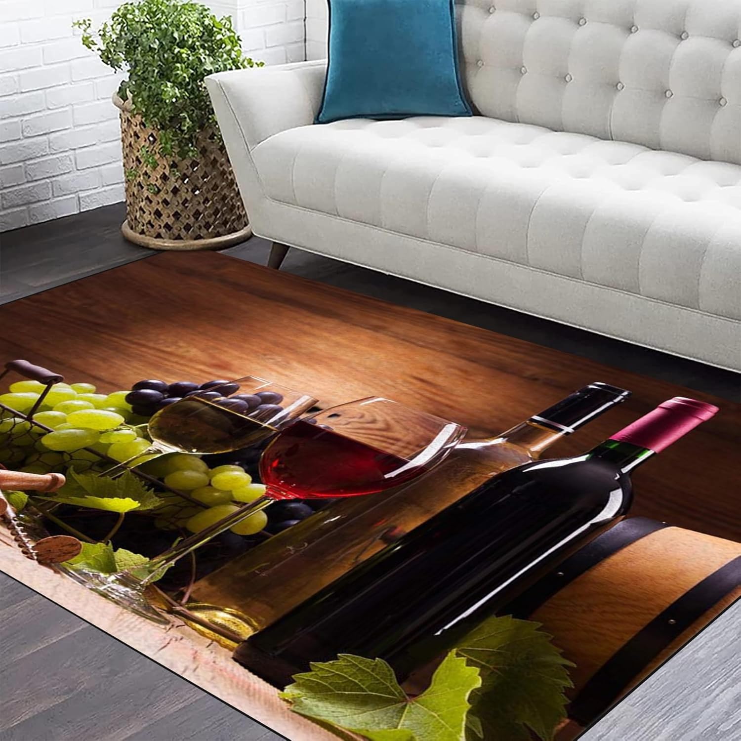 Red Wine Glass Area Rugs, 5x7ft, Vintage Barrel Fresh Grapes Home Decorative Rugs, with Non Slip Backing Washable Rug, Low Pile Non-Shedding Printed Carpet for Bedroom Kitchen Hallway