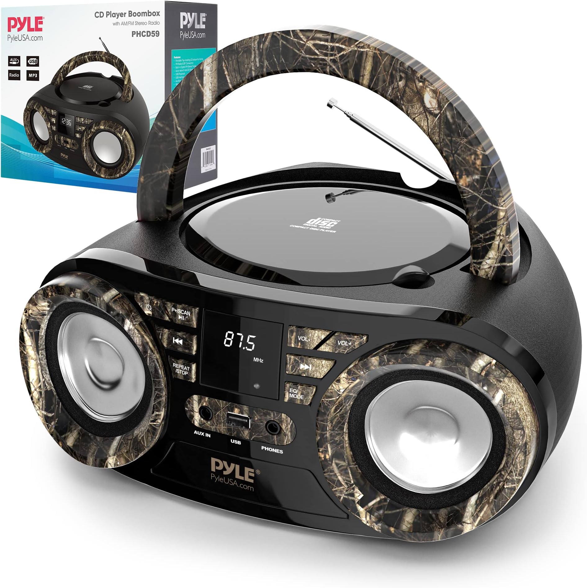 Portable CD Player Bluetooth Boombox Speaker-AM/FM Stereo Radio&Audio Sound,Supports CD-R-RW/MP3/WMA,USB,AUX,Headphone,LED Display,AC/Battery Powered,Real Tree-Pyle PHCD59.5