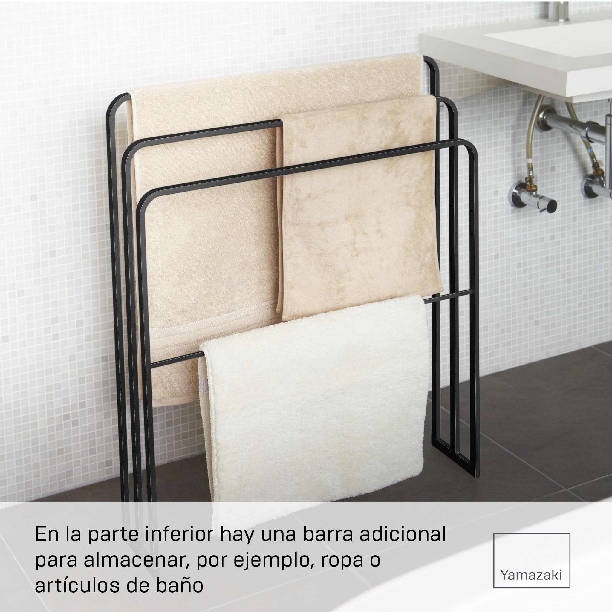 Yamazaki 4980 Tower Colgador De Toallas De Baño con 3 Barras, Negro, Acero, diseño Minimalista, 70 x 14 x 81 cm (L x An x Al)