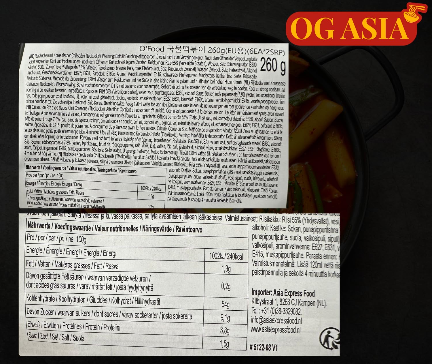 O'Food Topokki Original z sosem Gochujang - koreańskie ciasto ryżowe - ostre i autentyczne - OG ASIA - 260 g
