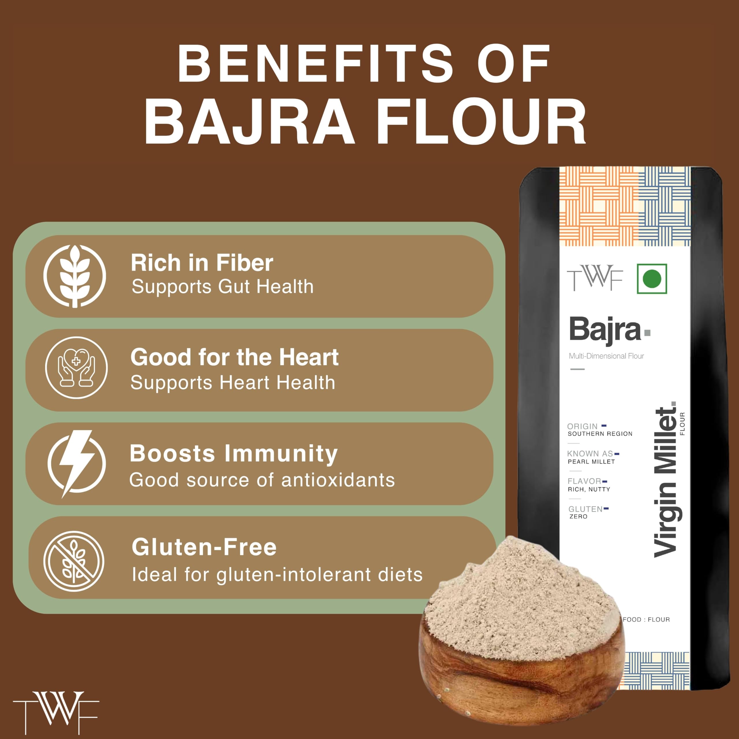 TWF Bajra Flour | 2 Kg | 100% Bajra Millet Flour | Pearl Millet Atta | Natural & Gluten Free | Hulled | Stone Ground | Rich in Iron | High Fibre Atta | Ideal for Bhakri, Roti, Thepla | No Maida | No Additives 4