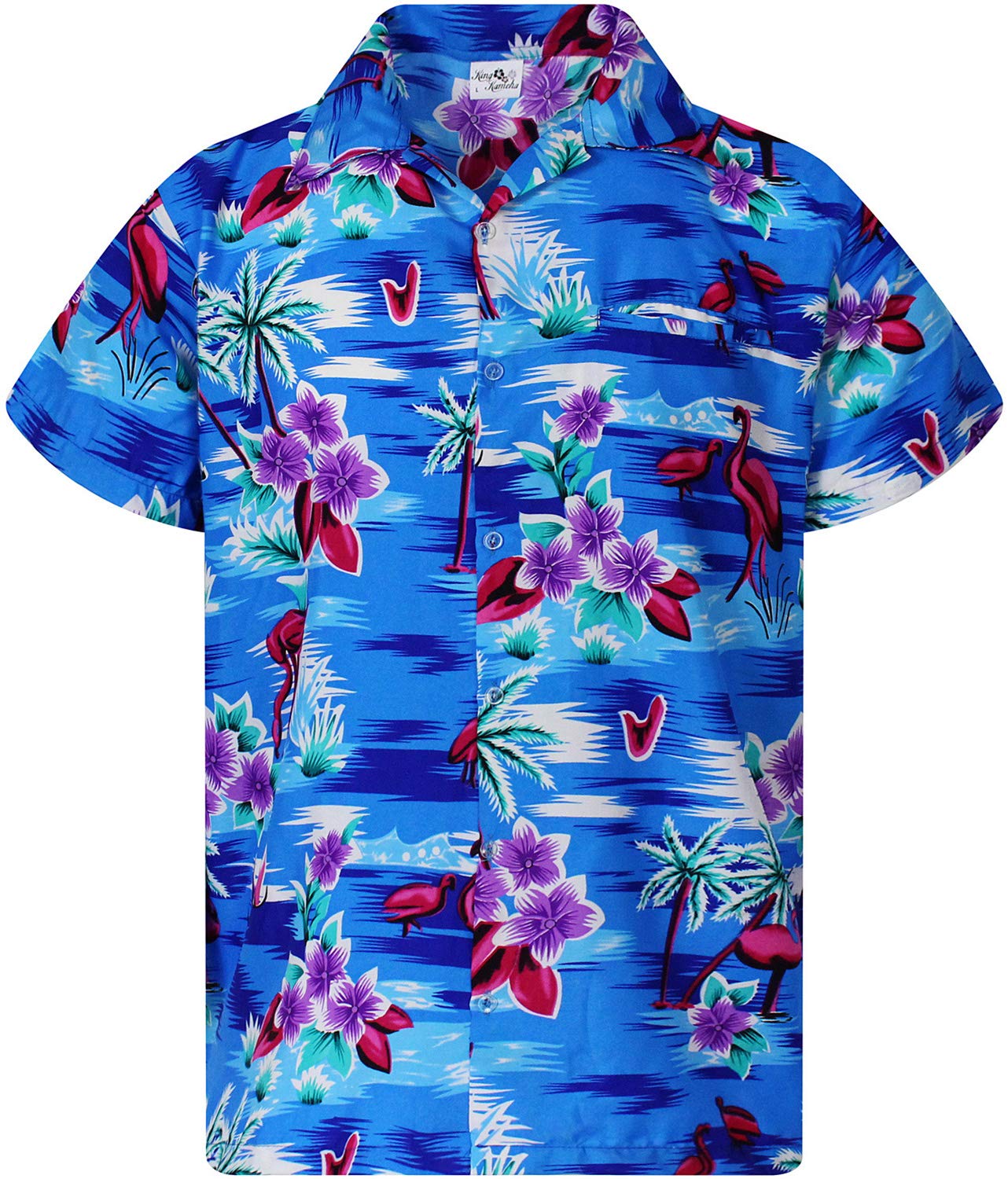 King Kameha Funky Hawaiian Shirt for Men – Tropical Men’s Hawaiian Shirt Short Sleeve, Flamingos, Blue, 4XL