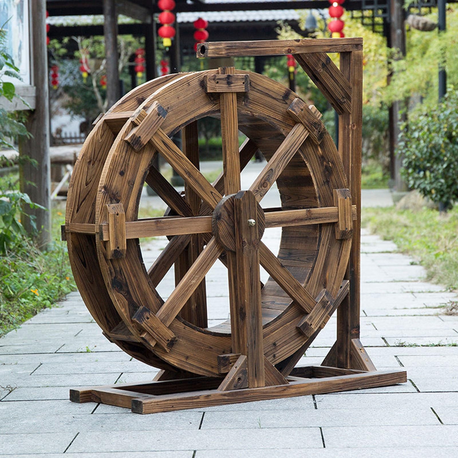 Roue à eau de jardin style vintage rustique en bois pour fontaine de terrasse