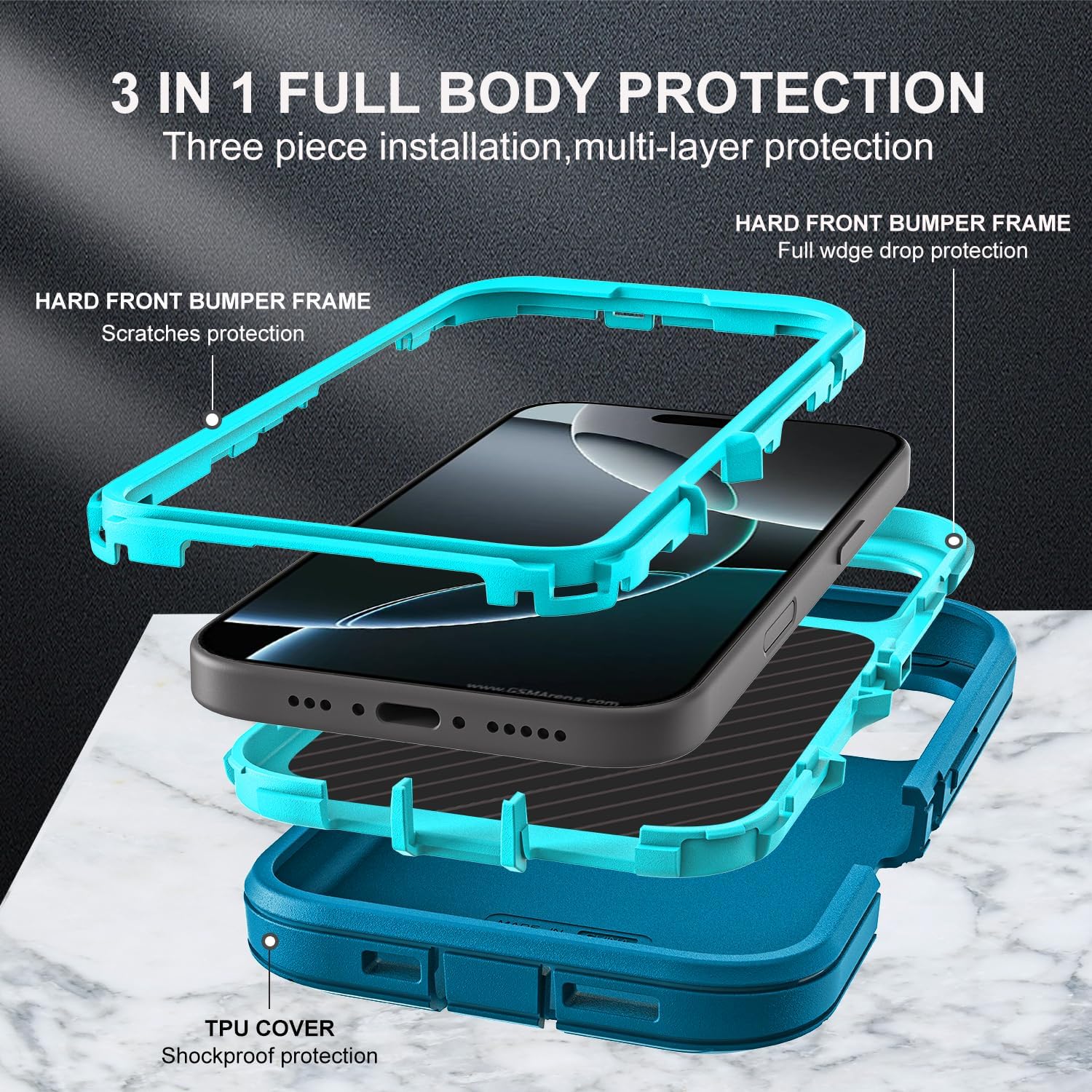 for iPhone 16 Pro Case, Military Grade 3 in 1 Heavy Duty Shockproof/Drop Proof/Dust Proof Case with 2Pcs Tempered Glass Screen Protector (Blue/Turquoise) - Image 4