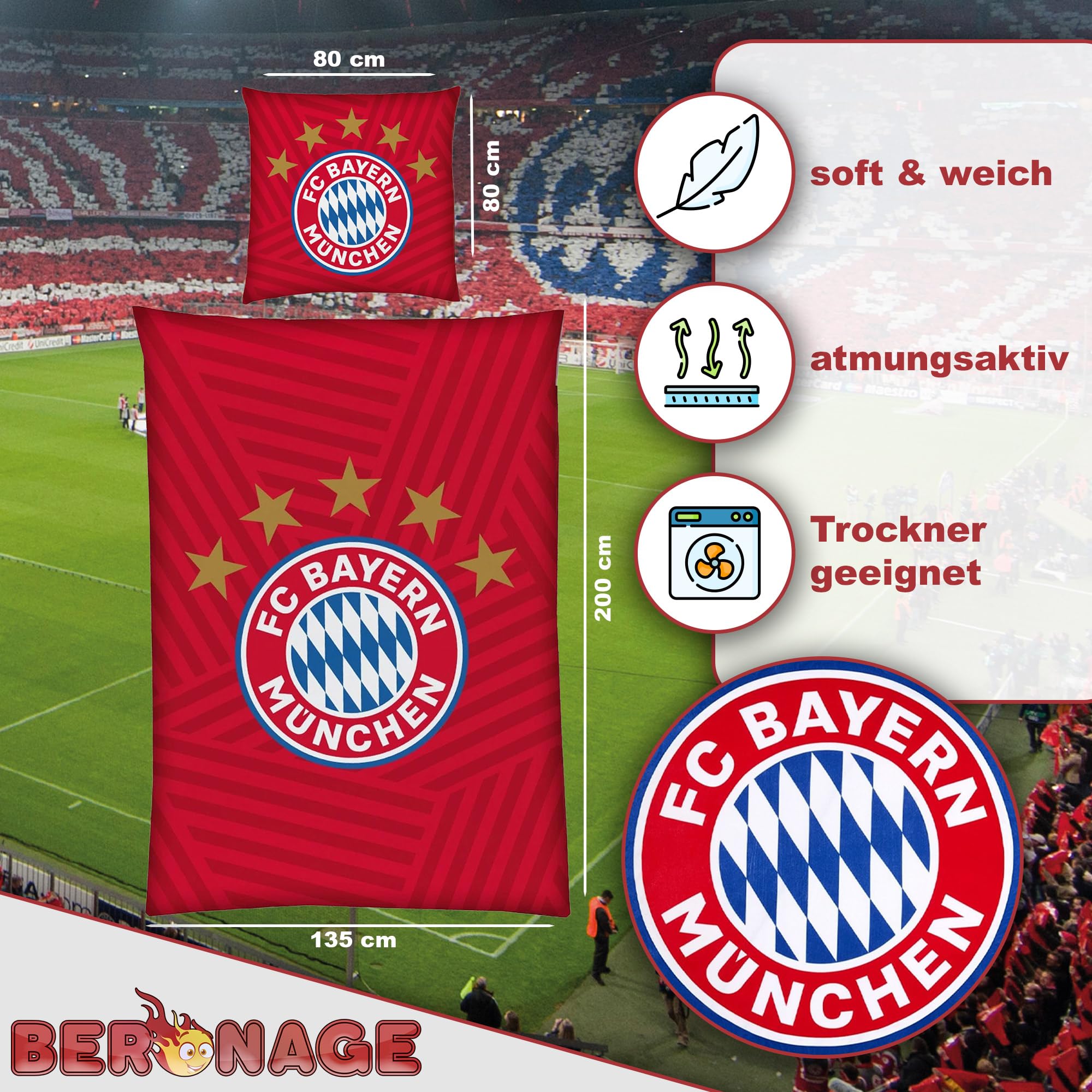 FC Bayern München Bettwäsche 5 Sterne Rot 135x200 cm + 80x80 cm 100% Baumwolle Renforcé/Linon Rekordmeister Mia san Mia Allianz Arena Fußball Fanartikel Reißverschluss Geschenkidee Kane Musiala Olise