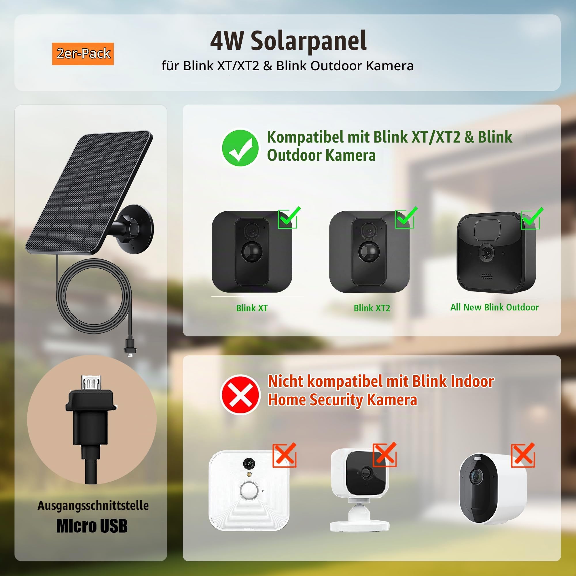 2 Pack Solarpanel für Blink Kamera Outdoor, 4W Solarmodul mit Gummistecker | Compatibel mit Blink Outdoor Camera 2K, 4(4th Gen), 3rd Gen, XT2/XT Kamera&SimpliSafe Kamera(Nicht enthalten), IP65