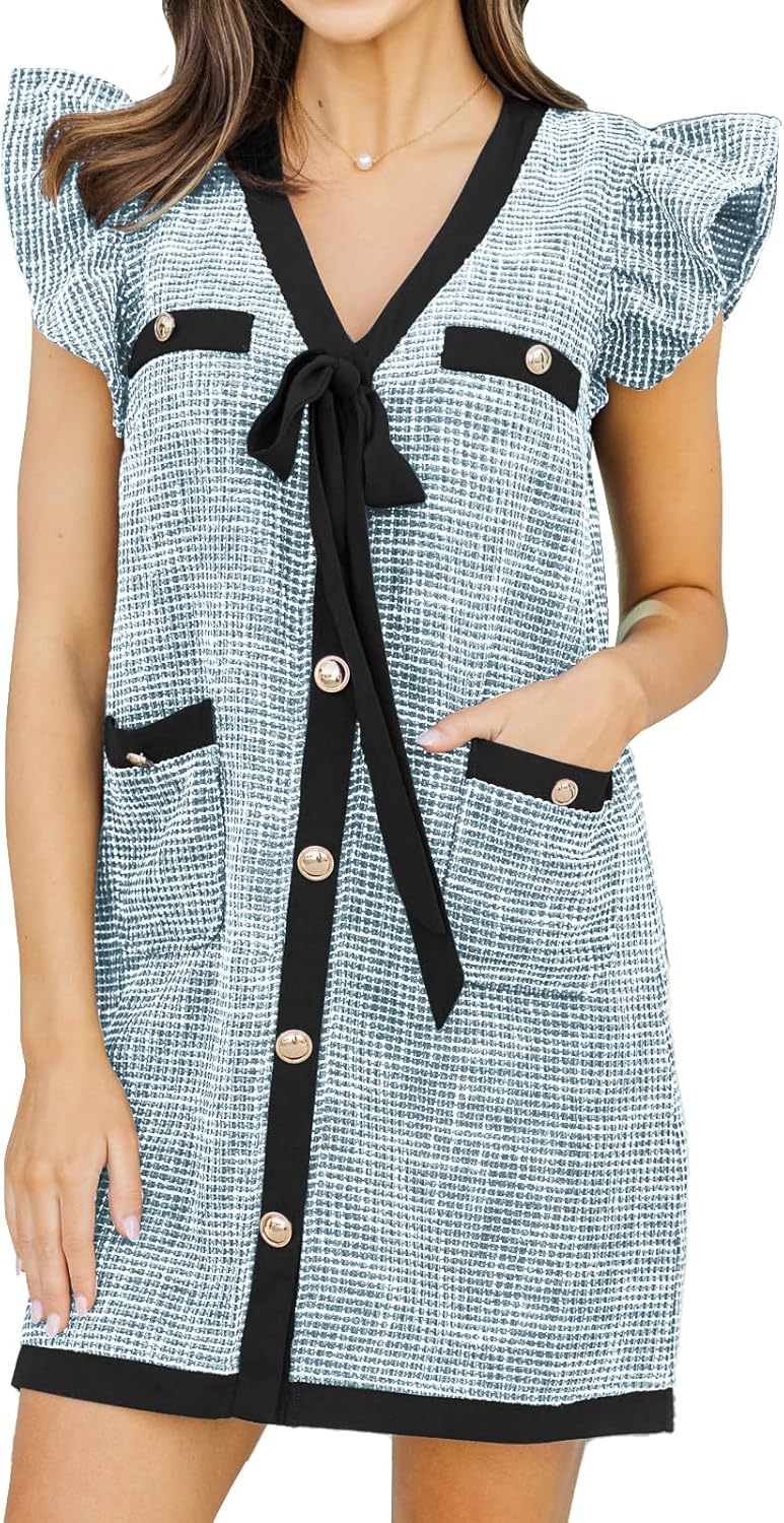 Bonnorth Womens Ruffle Cap Sleeve Mini Tweed Dress V Neck Button Down Bow Tie Business Work Shift Dresses with Pockets