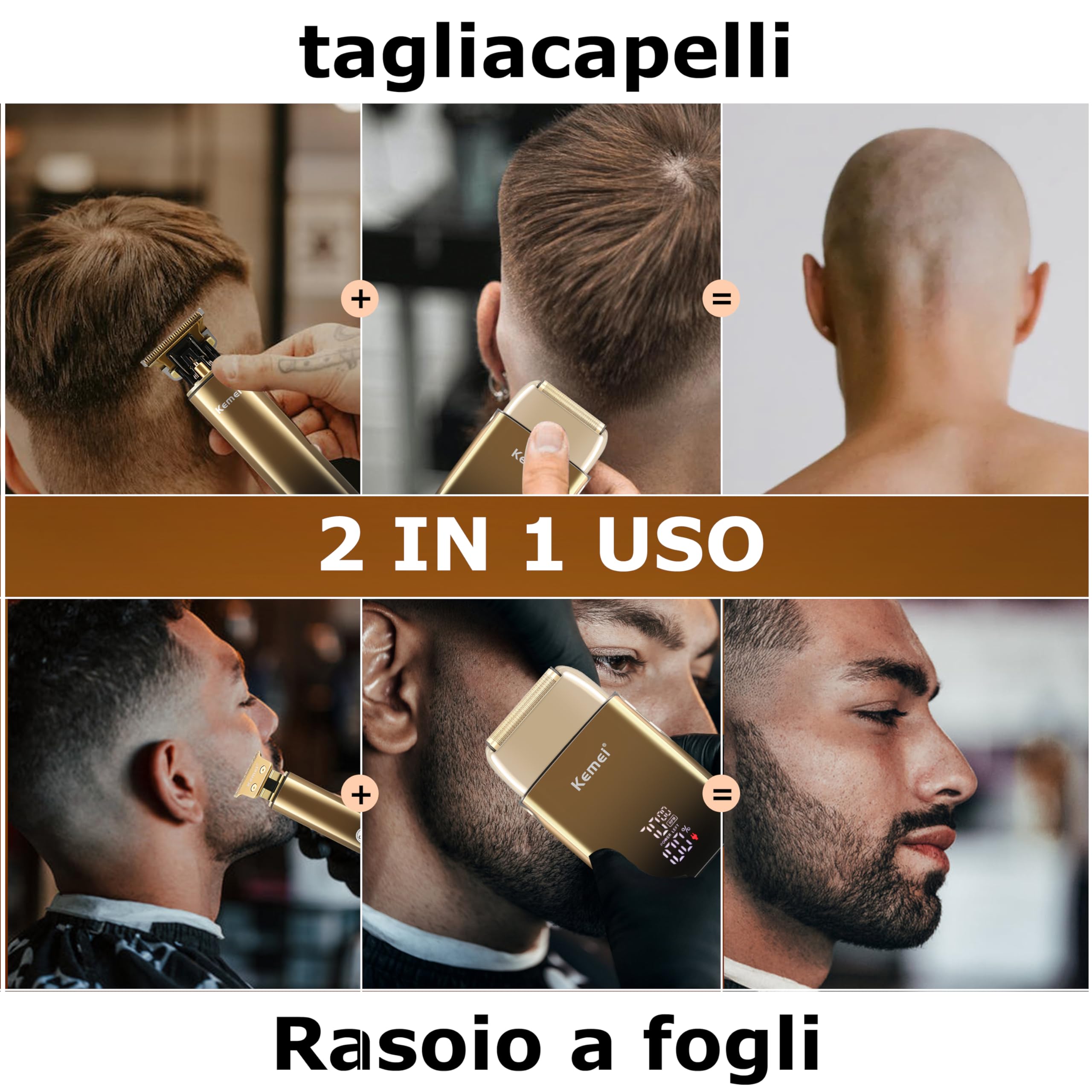 KEMEI Rasoio Elettrico a Lamina per Uomo con Doppia Lama Flessibile e Ricaricabile, Impermeabile, Dorato, Nero,Regali per la Festa Del Papà