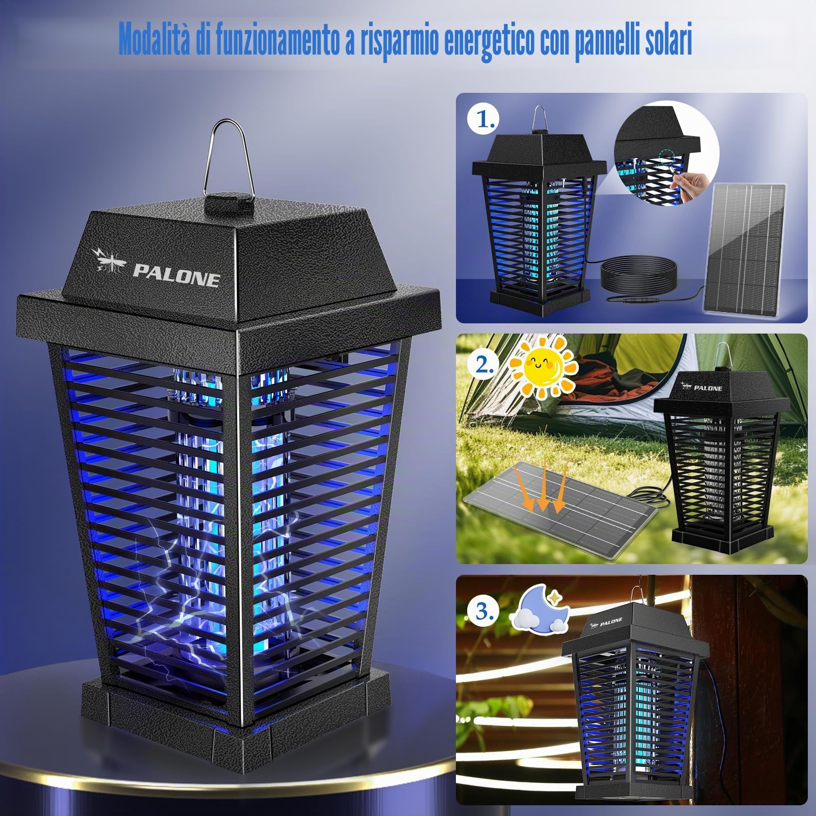 PALONE Solare Lampada Antizanzare Elettrica 2600mAh 4500V | Ricaricabile Zanzariera Elettrica, USB Lampada Zanzare con 7,5W/5V Pannello Solare & Cavo 3,6m per Esterno Interno e Giardini