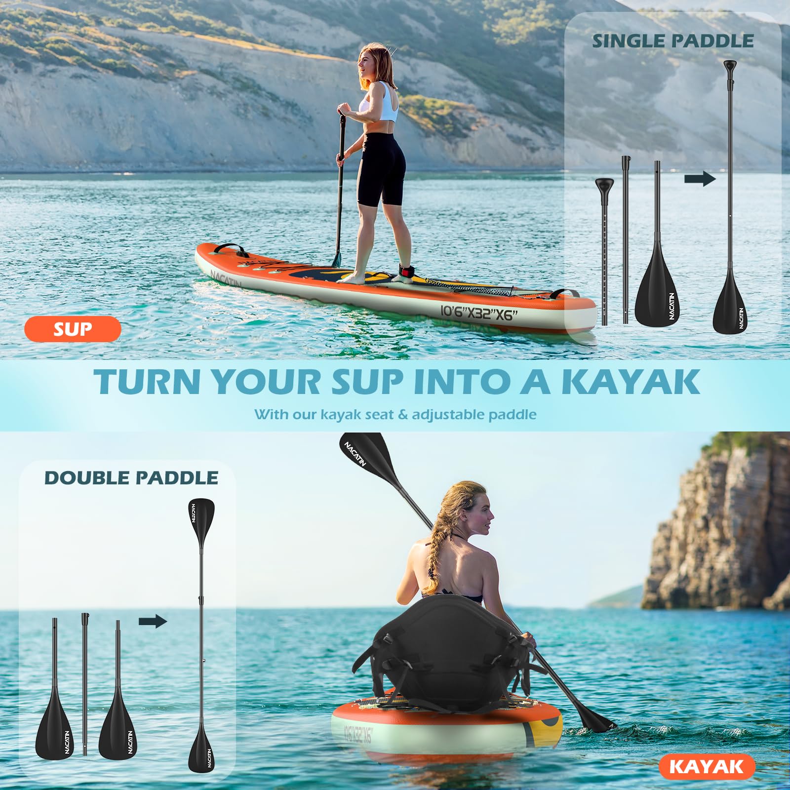 NACATIN Aufblasbares Paddelboard SUP 320 cm mit Kajaksitz