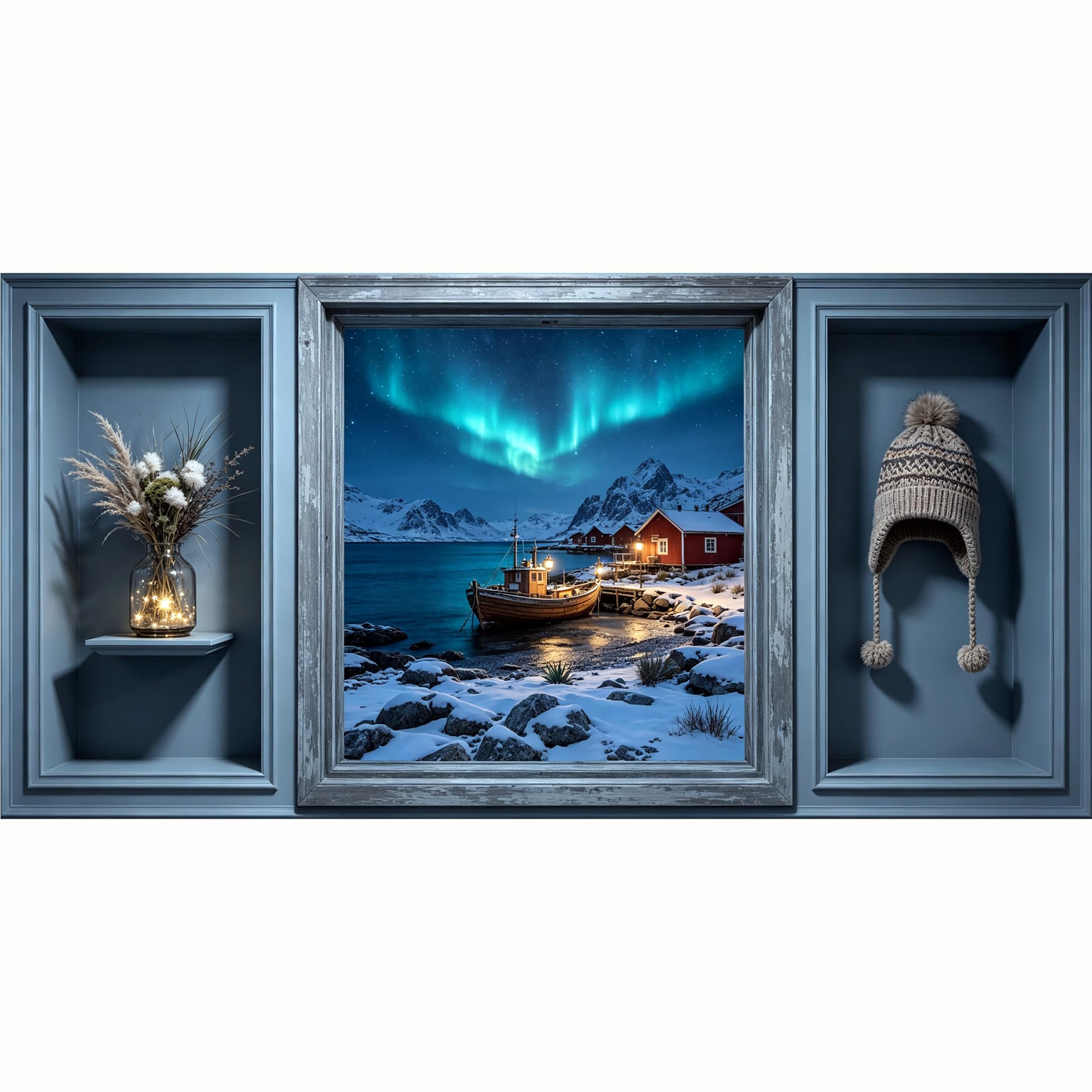 QZLITHOTIC 50x100cm 3D Framed Wall Art， Northern Lights Aurora Winter Mountain Landscape Boat SelfAdhesive Mural， WaterActivated Peel & Stick Fabric Decor Wall Decal for Bedroom Living Room