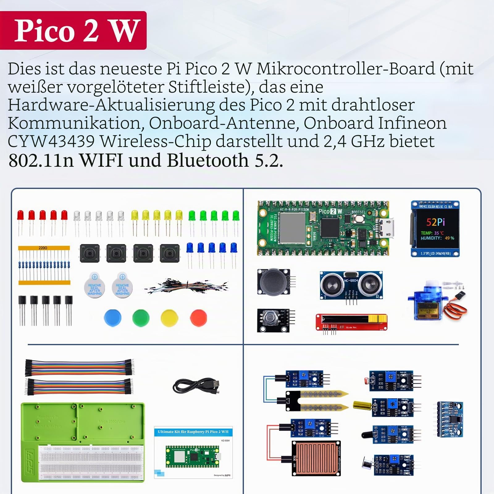 GeeekPi Ultimatives Starter-Kit für Pico 2W (im Lieferumfang enthalten), Dual Arm Cortex-M33 und Dual Hazard3 RISC-V Mikrocontroller, mit detailliertem Tutorial, Mehreren Artikeln und Projekten