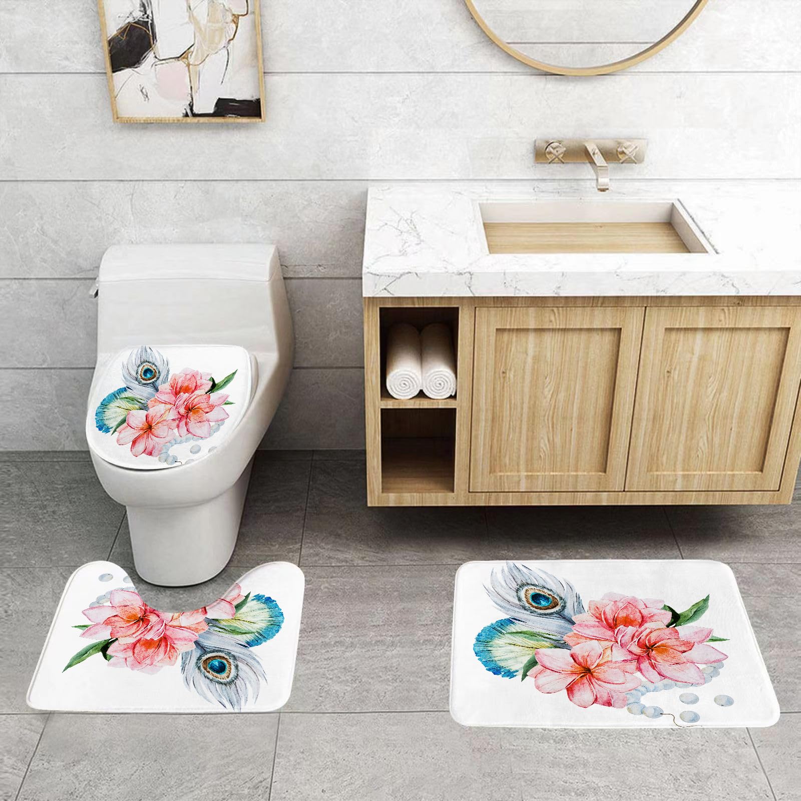 EMCLKS Badezimmermatten 3 Stück rutschfeste Badematte Teppiche, Badezimmer-Garnitur,U-förmiger Teppich,Shabby Chic Dekor, Aquarell Pfingstrose Anemone Blumen Pflaume,Waschbar Matte