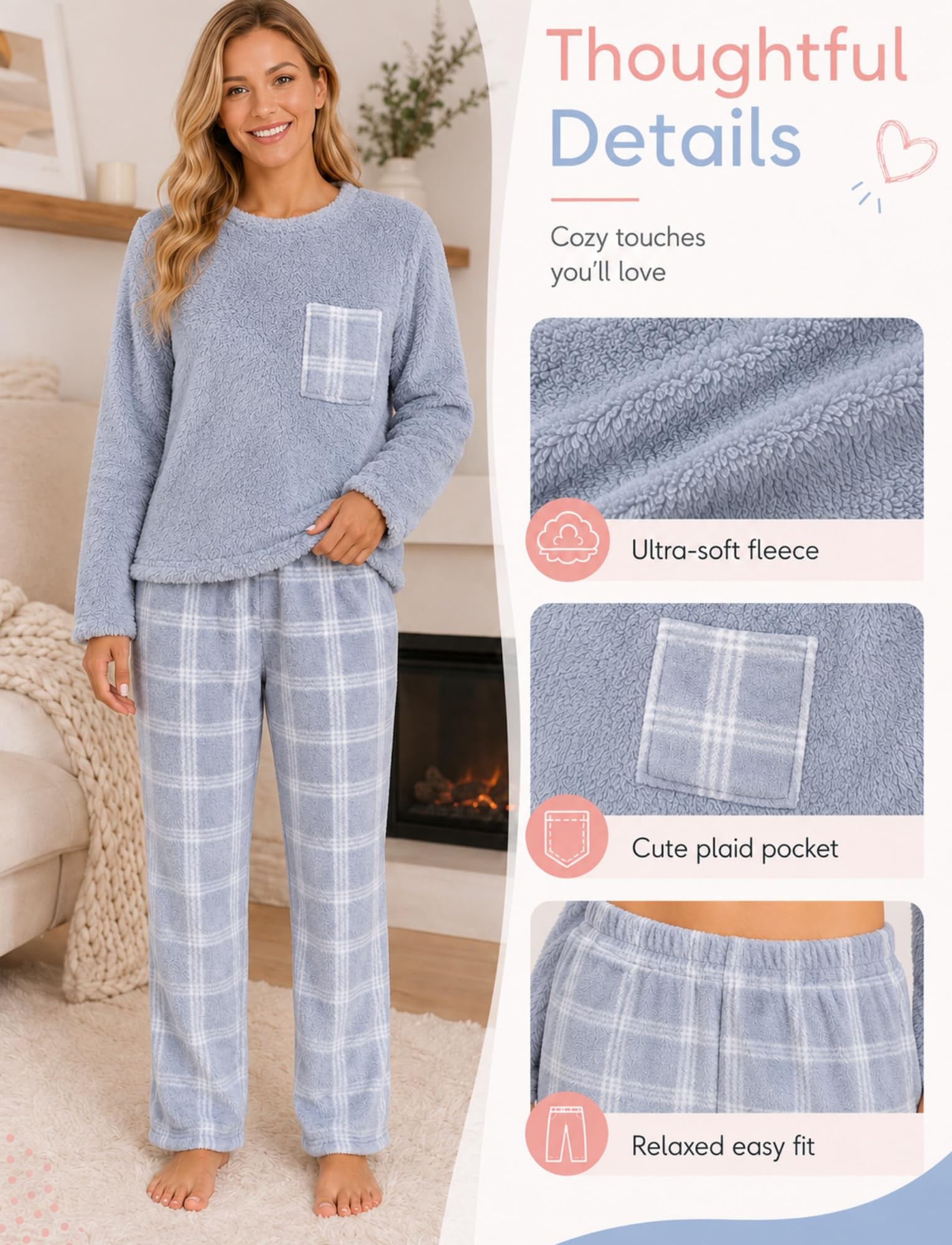 Conjunto de pijama de franela para mujer, diseño a cuadros, holgado, pijama cálido