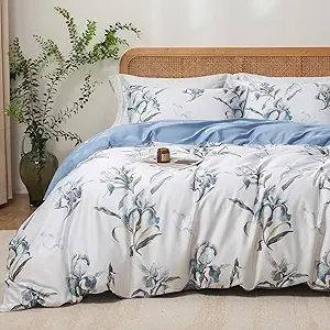 MILDLY Cal King Size Duvet Cover Set 100% Long-Staple Cotton Luxury White & Blue Floral Patten Reversible Comforter Cover Set 3Pcs
