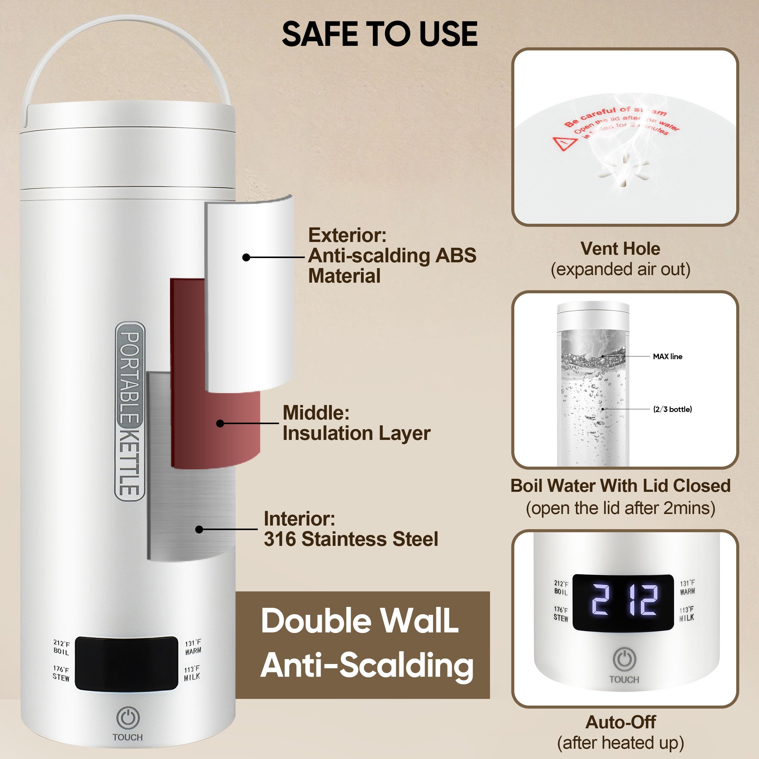 Hervidor eléctrico de viaje, calentador de agua caliente inteligente portátil, calentador de té y café, 15.2 fl oz, acero inoxidable 316, 4 controles de temperatura, pantalla LCD, agua hirviendo 3