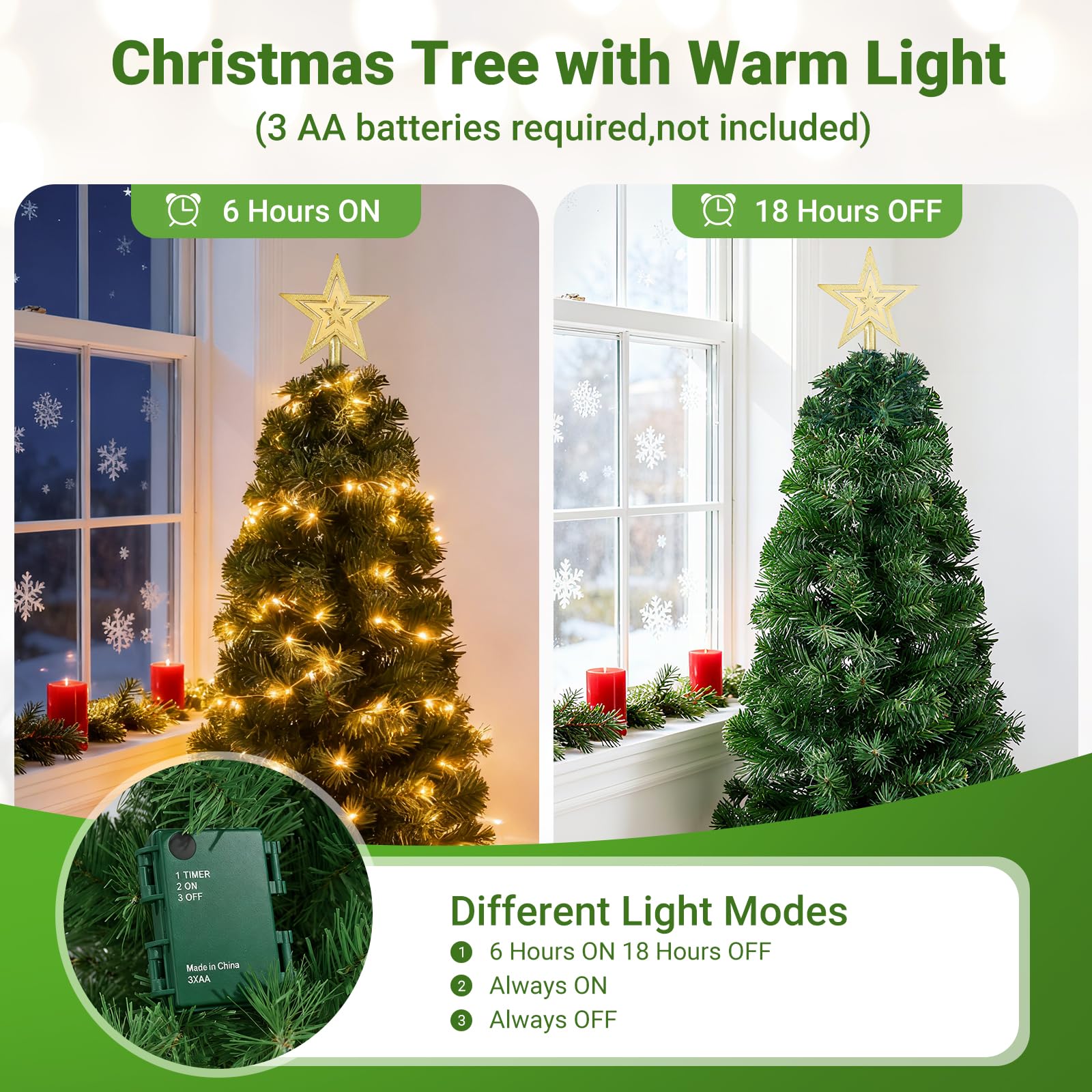 ELYKEN Mini sapin de Noël artificiel de 0,9 m avec lumières LED, décoration de Noël pour table, chambre à coucher, intérieur, extérieur, vert
