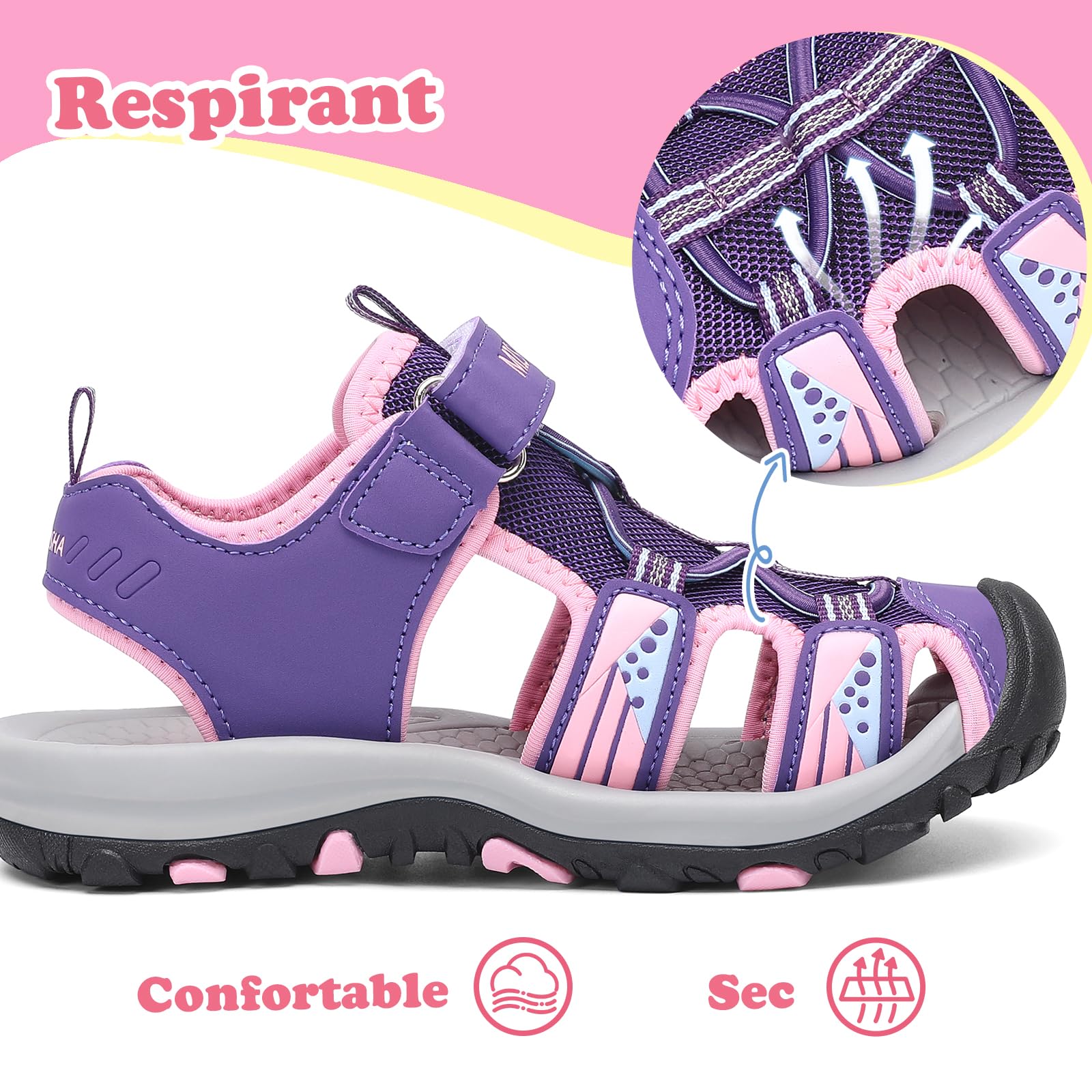 Mishansha Sandales Sport Fille Bout Fermé 24-39 EU | Été, Chaussure de Randonnée, Enfants, Respirantes, Plage, Outdoor