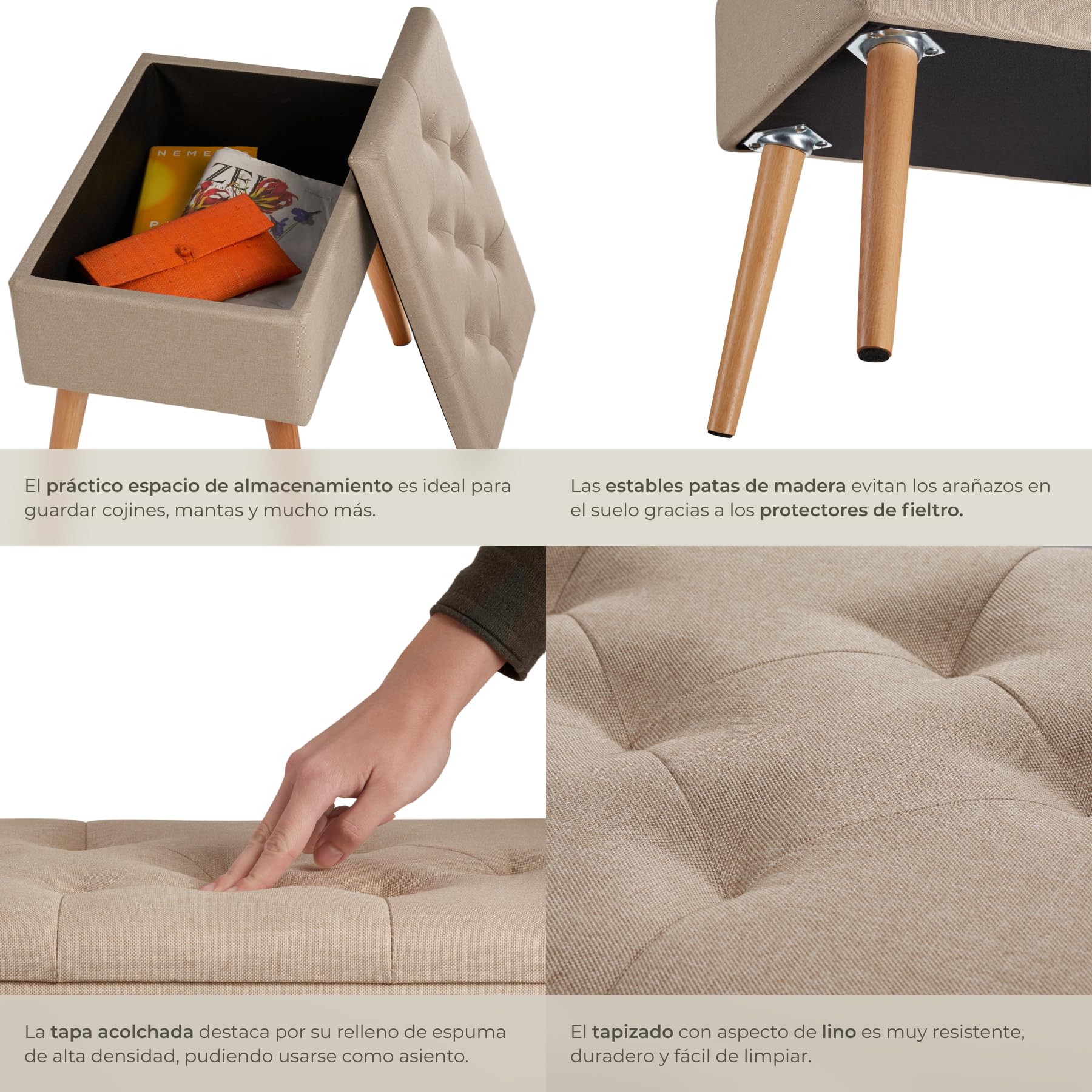 tectake® Puff Almacenaje Dormitorio con Diseño Elegante Efecto Lino, Banco con Almacenaje Práctico, perfecto Taburete Tocador, Puff Reposapies o Banqueta Dormitorio - 51 x 37,5 x 45,5 cm Arena