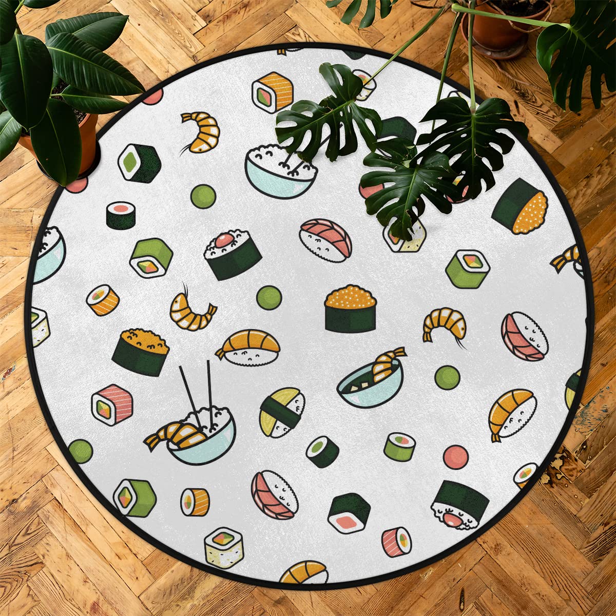 Japońskie jedzenie ilustracja 9,5 m okrągły dywanik można prać w pralce kreskówka sushi antypoślizgowa miękka mata podłogowa do salonu sofa pokój dziecięcy dekoracja przedszkola