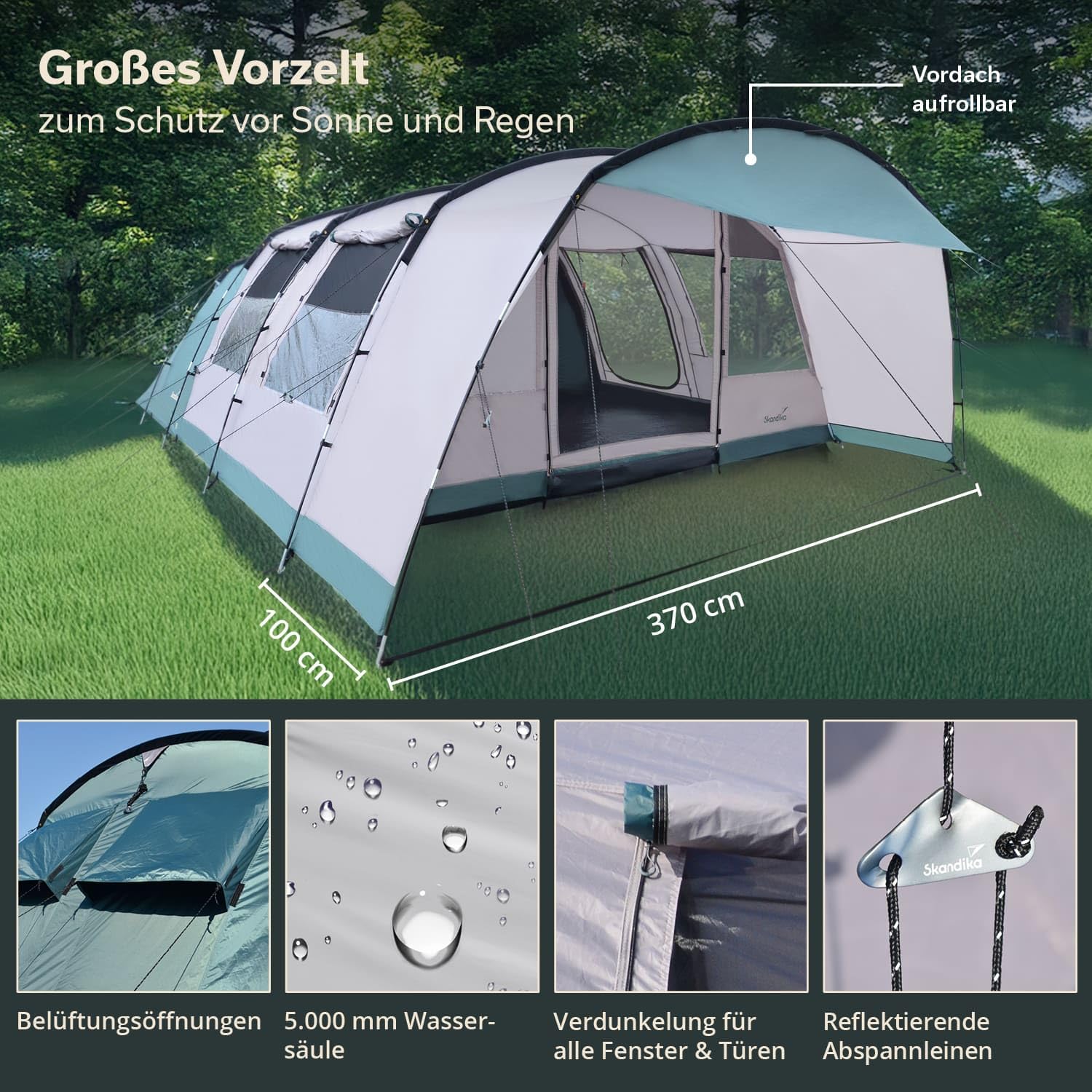 Skandika Hafslo 5 XL Sleeper Protect namiot tunelowy dla 5 osób, technologia Sleeper, wszyta podłoga namiotu, daszek, słup wody 5000 mm | duży namiot rodzinny, namiot, outdoor, kemping