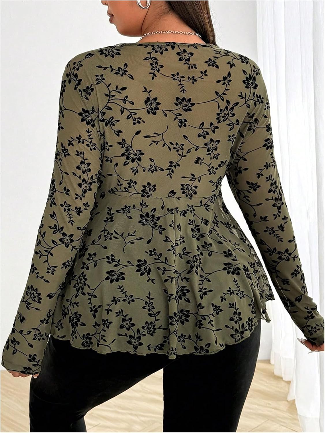 Women's Plus Size Floral Peplum Tops Bow Tie Front Long Sleeve Sweetheart Neck Going Out Fall Top - Image 2