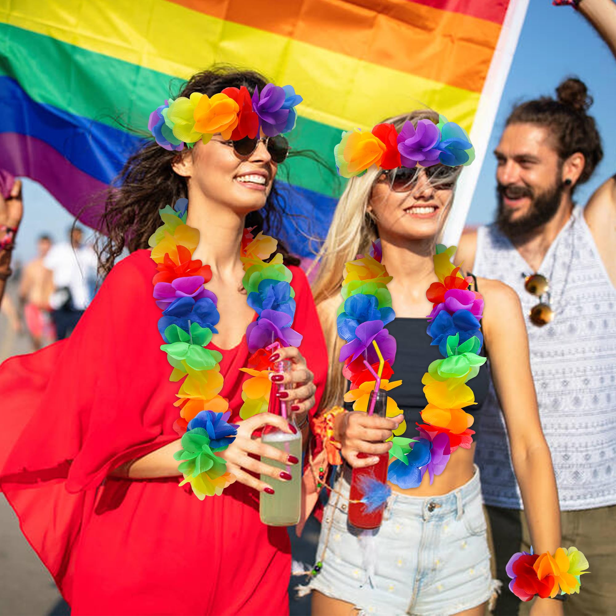 Tlswshsy 96-teiliges Regenbogen-hawaiianisches Leis-Set, Pride Month Hawaii-Blumen-Leis mit Stirnband und Armbändern, LGBT Luau Leis Halsketten für tropische Strand-Motto-Partys und Dekoration