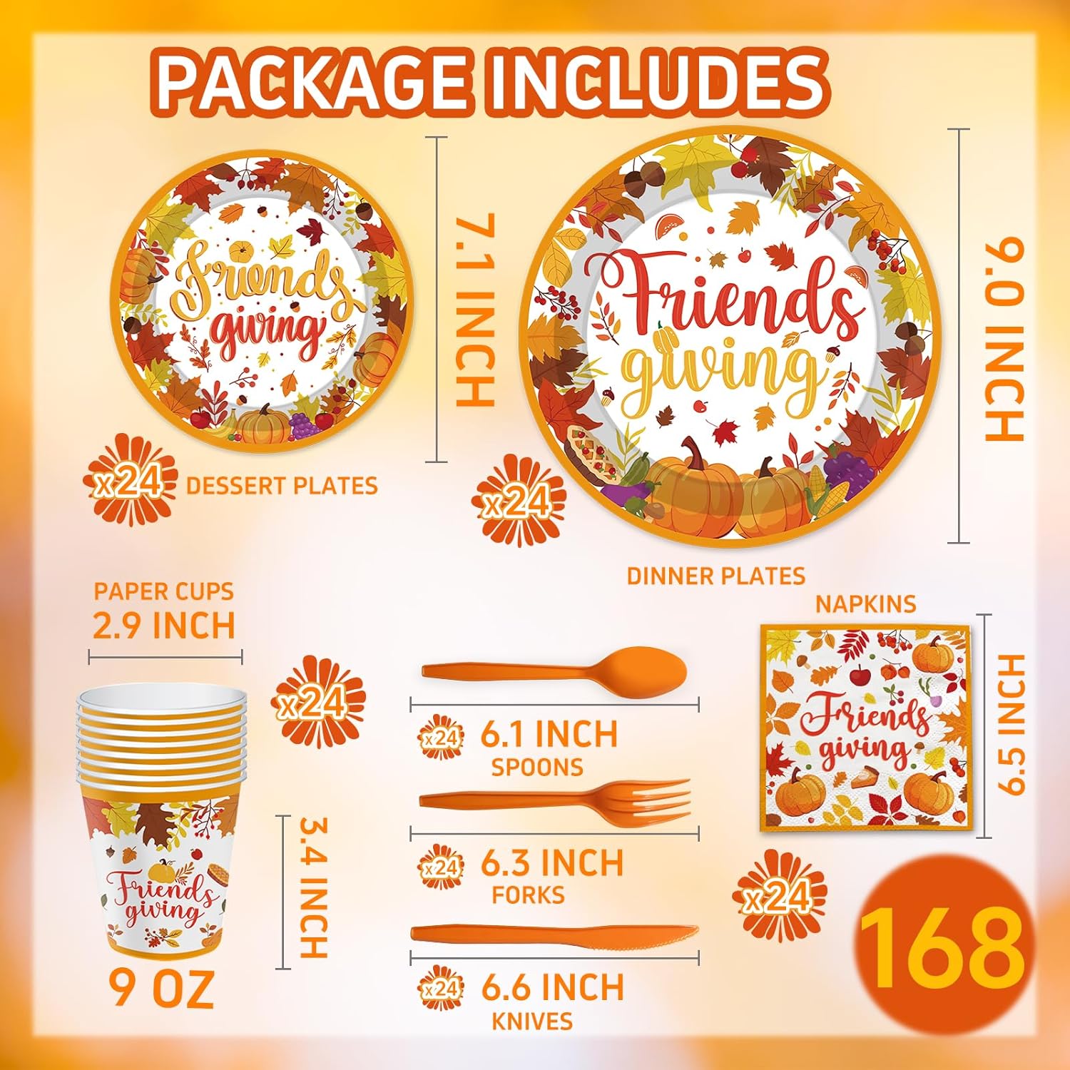 YQUQWN 168PCS Friendsgiving Plates and Napkins Set, Friendsgiving Party Decorations, Disposable Thanksgiving Plates, Napkins, Cups, Spoon, Fork, Knives for Fall Thanksgiving Party Supplies, Serve 24