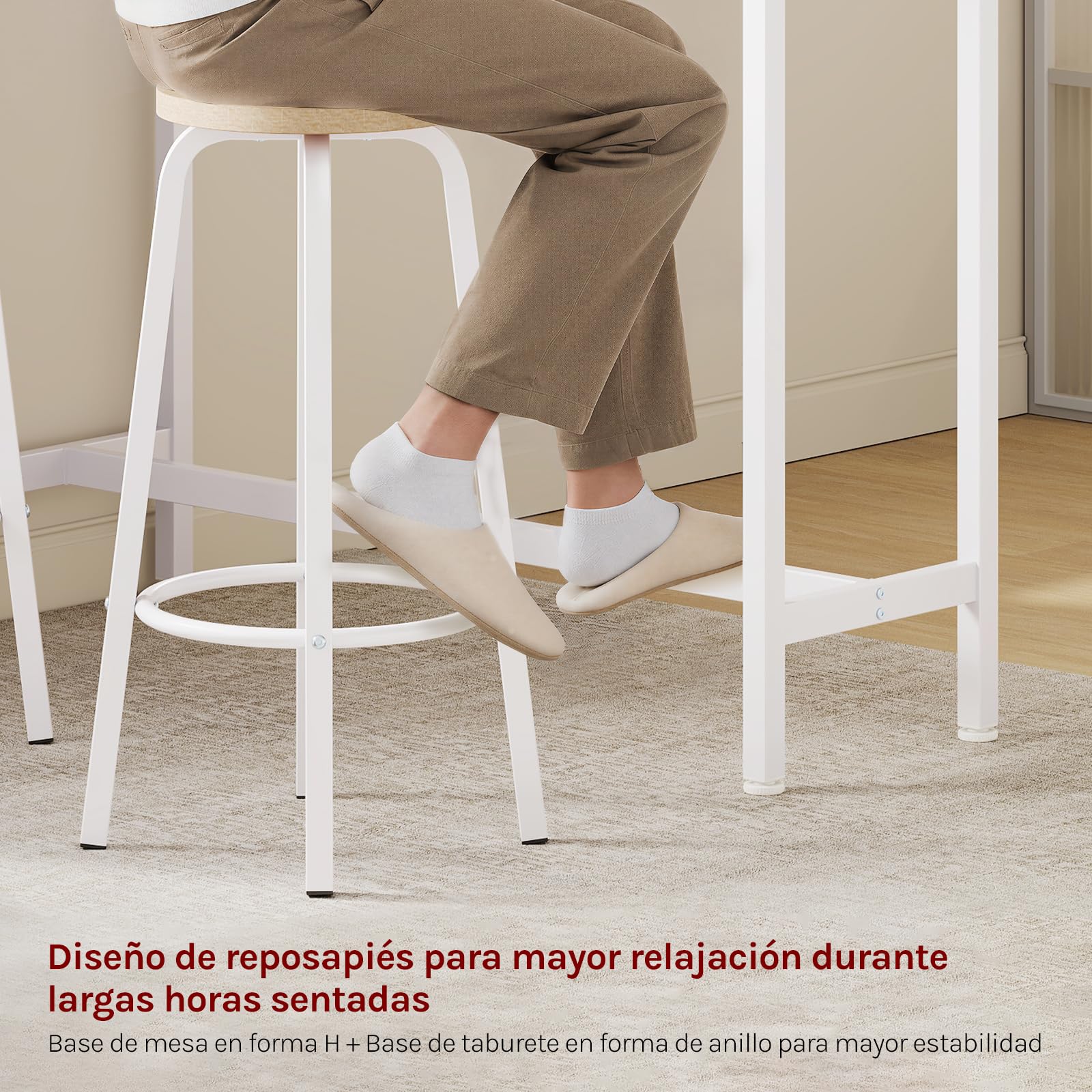 WOLTU Set Mesa de Bar y 2 Taburetes, Muebles de Bistro de Comedor para Salon, Barra Cocina con Estructura de Metal, 120x40x100cm, Blanco + Roble Claro