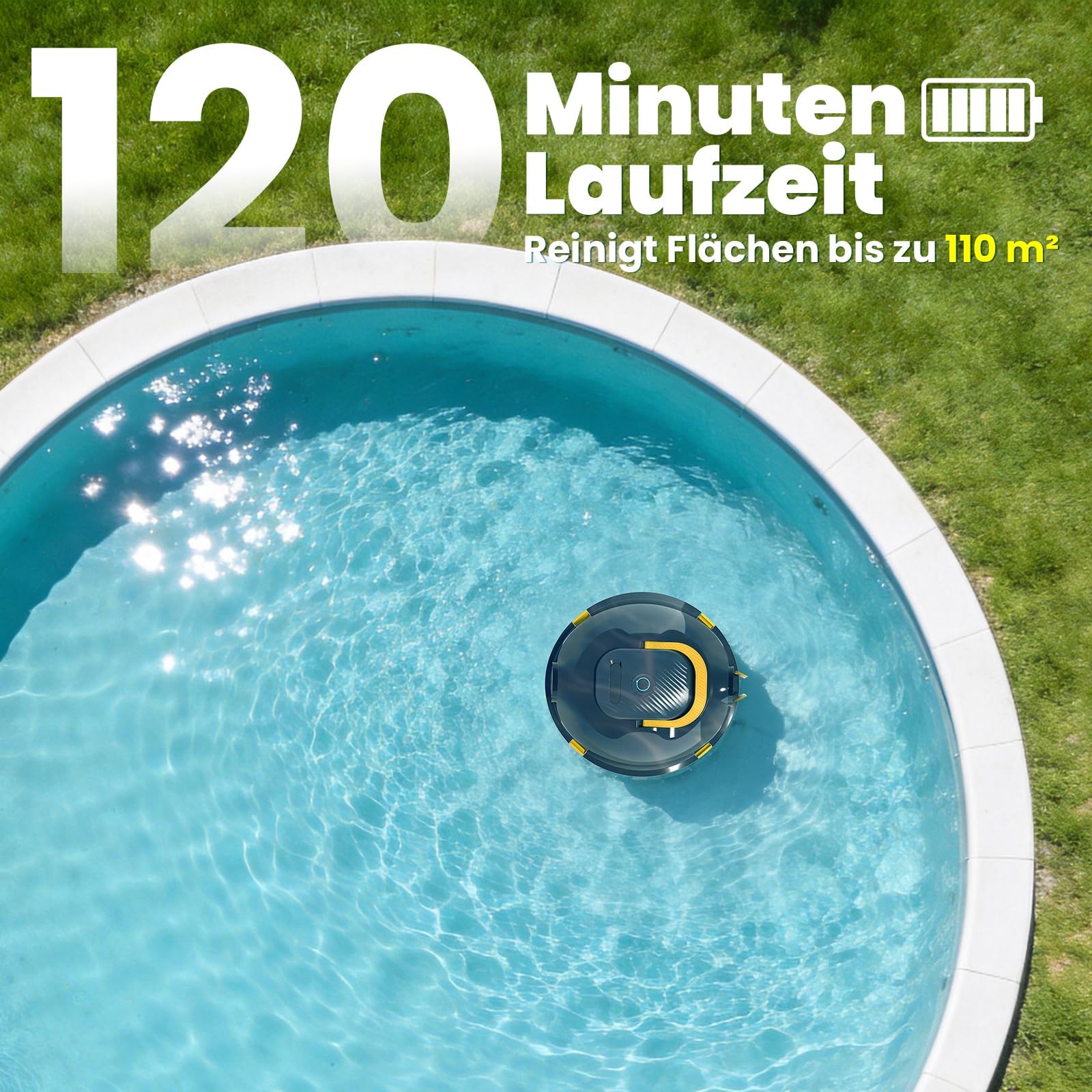 Kabellos Poolsauger Akku, 120 Min. Laufzeit, Leichtgewicht Poolroboter, Automatische Reinigung mit Selbsteinparkfunktion, Leistungsstarker Poolsauger für Flache Boden bis 110 m²(Schwarzo)
