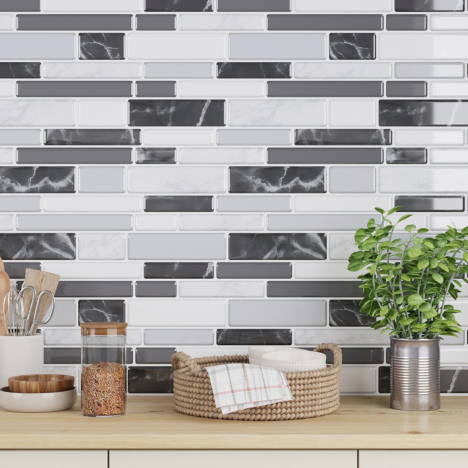 VEELIKE Grey Marble Peel and Stick Backsplash Tile Peel and Stick Wall Tiles for Bathroom Kitchen RV 6 Sheets Back Splash Stick on Tiles Waterproof Renter Friendly Backsplash Tile Sticker 12''x12''