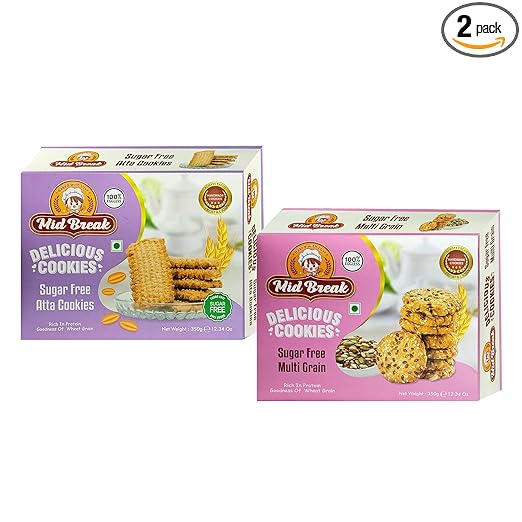 MidBreak - Sugar Free Atta & Multigrain Cookies [ Pack of 2] | Premium Handmade Cookies | Sugar Free Atta & Multigrain Biscuits | 2 Boxes of 300 gm each | 600 gm