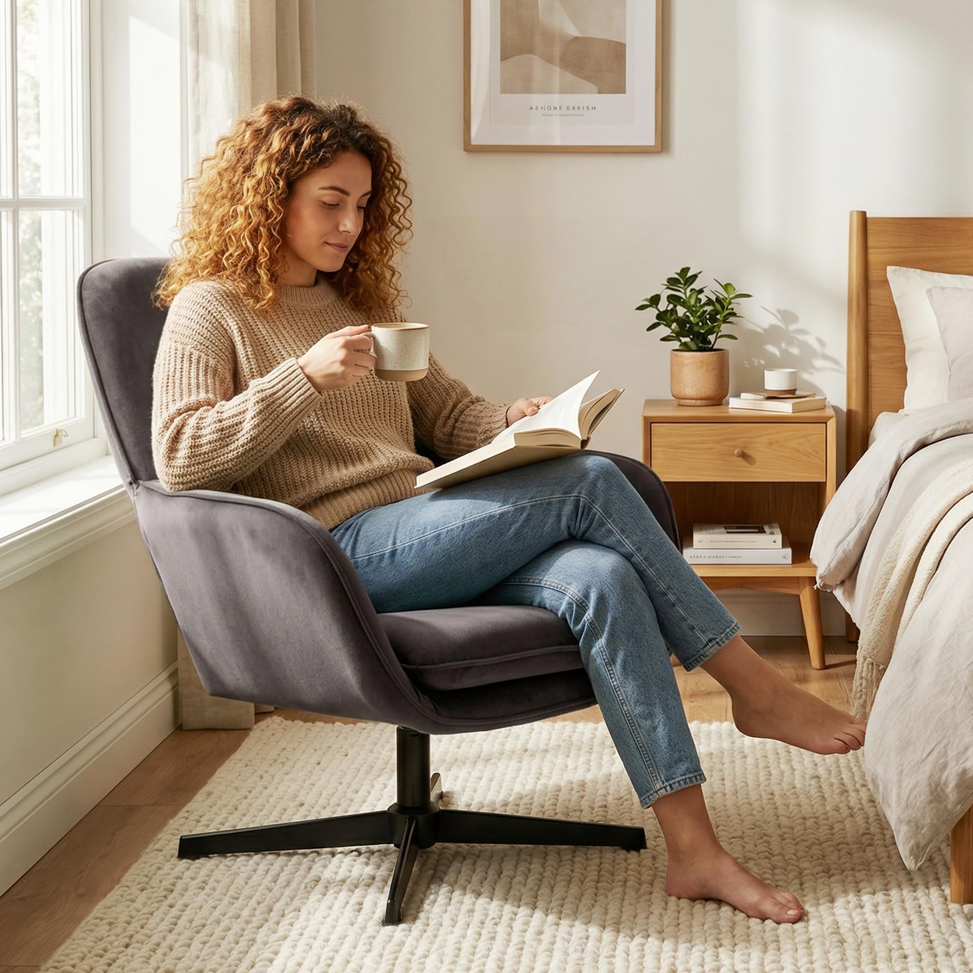 HOMCOM Sillón Giratorio de Terciopelo Asiento Ancho Gris Oscuro | Silla de acento, cojín, marco de metal, para sala de estar, dormitorio, rincón de lectura