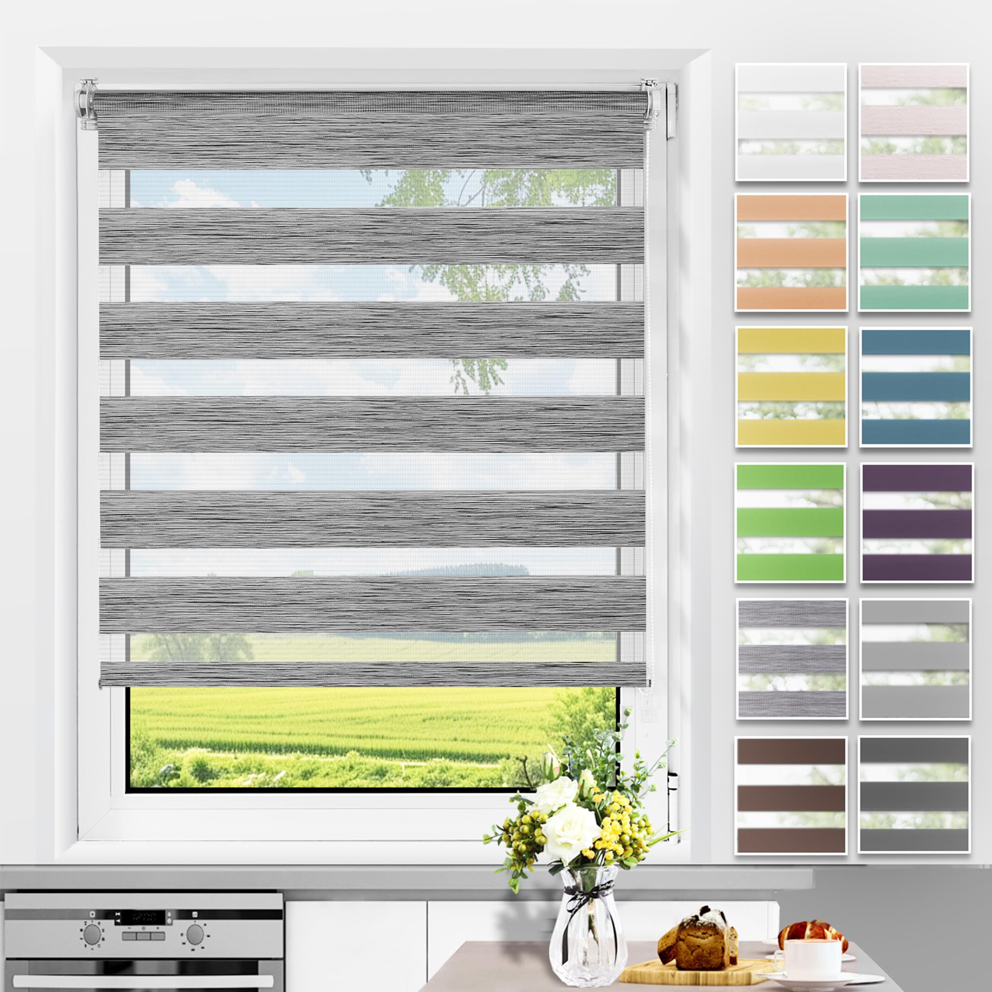 Allesin Doppelrollo Klemmfix ohne Bohren & mit Bohren, Duo Rollos für Fenster und Tür, Klemmrollo Fensterrollo lichtdurchlässig Sichtschutz, B105 x H230cm (Stoffbreite 105cm) Marmor-Grau