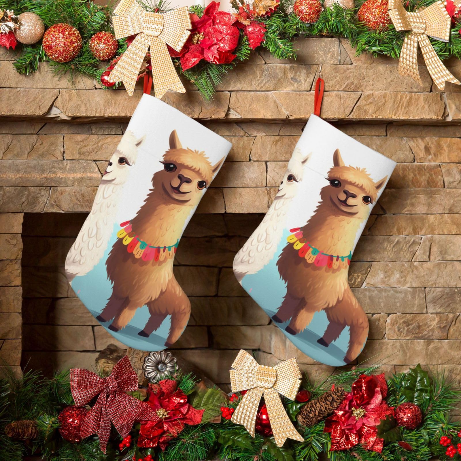 KLOPH Christmas Stockings 18" Personalized Xmas Stocking Llama Alpaca Decoration Stocking Hanging Fireplace Stocking for Holiday Xmas Tree Christmas Fireplace Decor