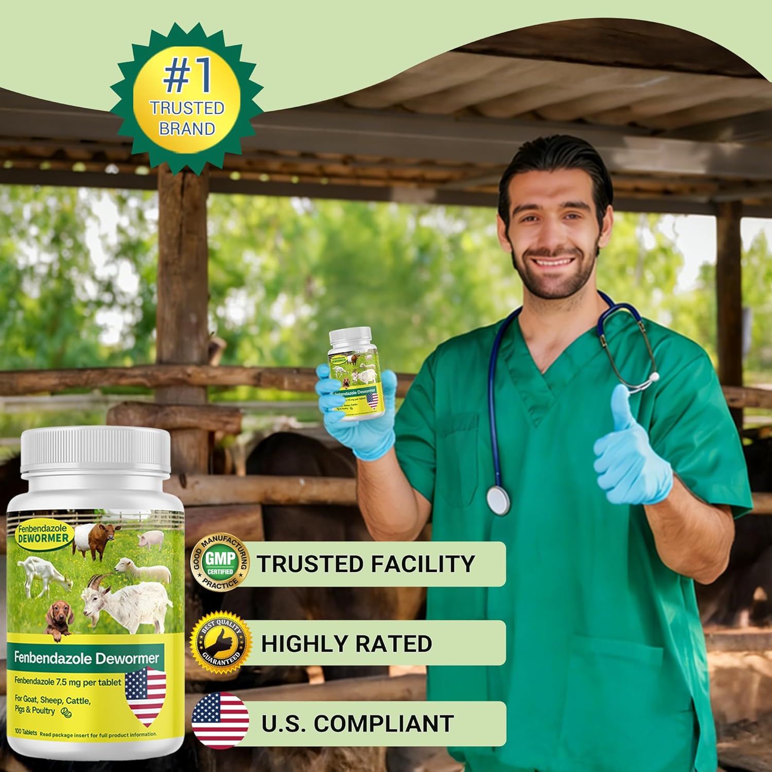 Fenbendazole for Goats, Sheep, Dog, Cattle, Poultry & More, Tapeworms, Roundworms & Hookworms, 100 Tablets