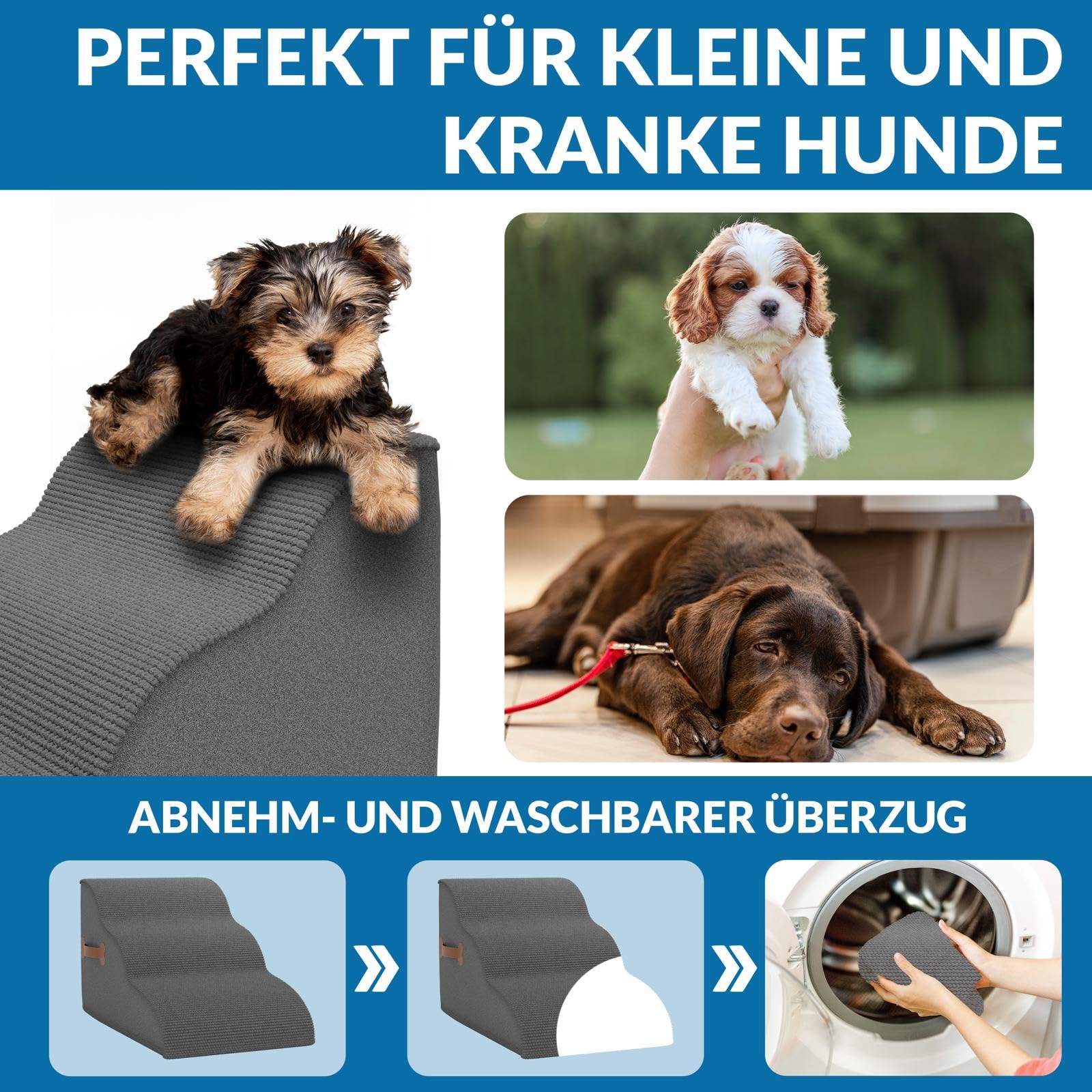 Hundetreppe 3 Stufen, 40 cm hoch, Hochdichter Schwamm Haustiertreppe Hundetreppe für kleine Hunde, rutschfest Tragbar Hunderampe Katzentreppe mit Waschbar Plüschbezug für Sofa Betten